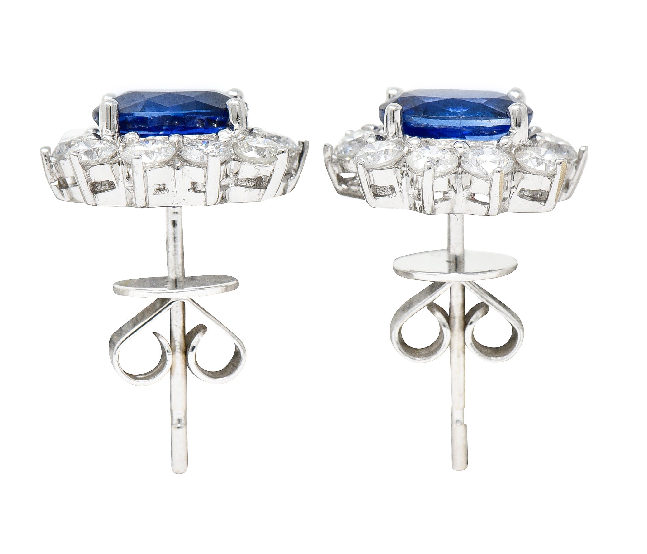 Contemporary 3.20 CTW Sapphire Diamond 18 Karat White Gold Cluster Stud Earrings Wilson's Estate Jewelry