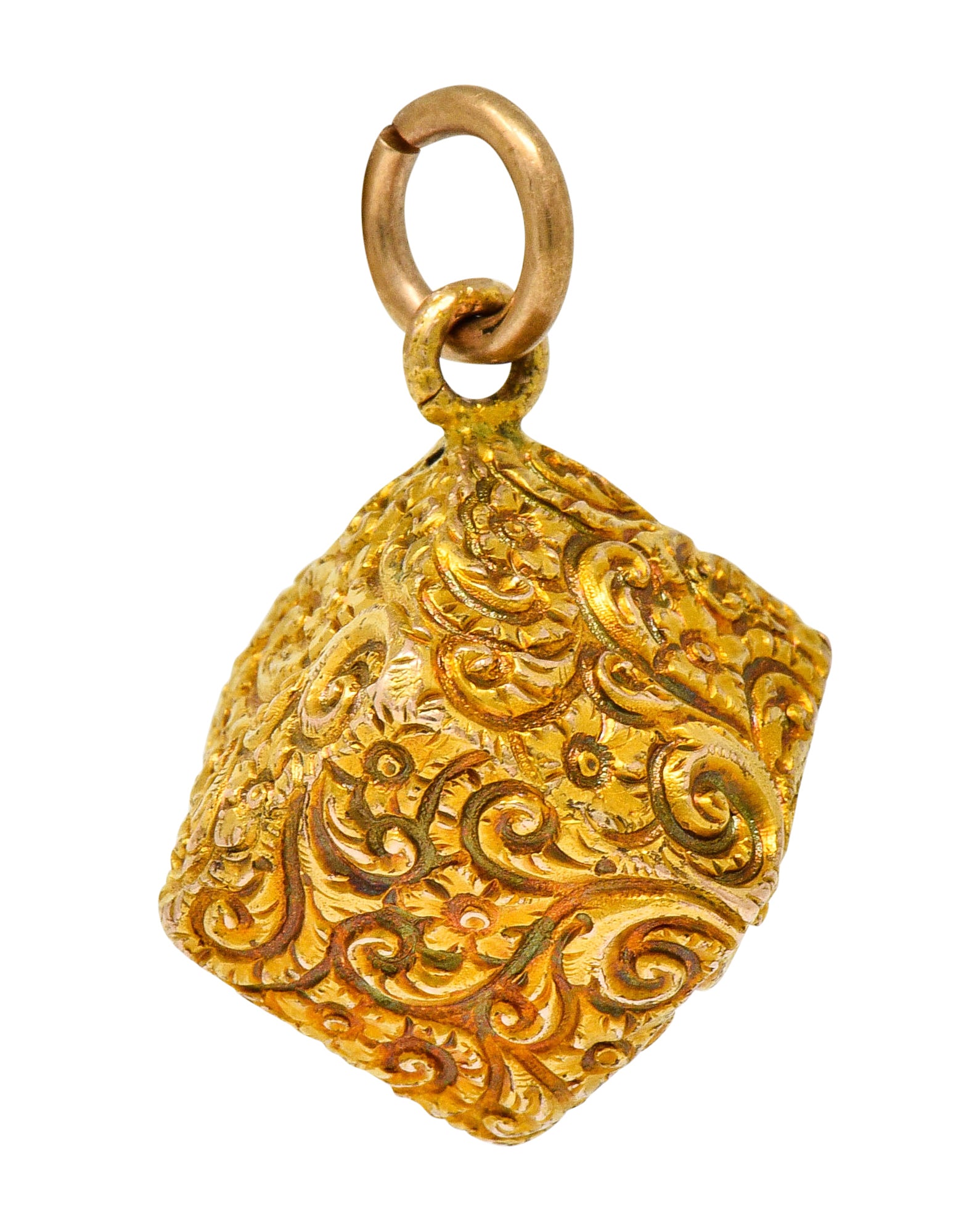 Victorian 14 Karat Gold Floral Foliate Cube Pendant Charm - Wilson's Estate Jewelry