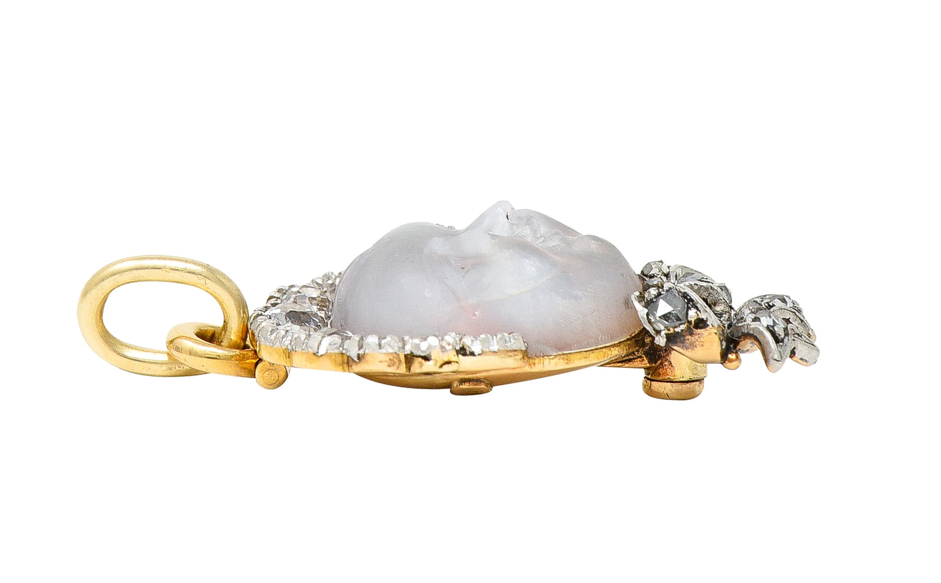 Dreicer & Co. Edwardian Diamond Carved Moonstone Platinum-Topped Baby Pendant Wilson's Estate Jewelry
