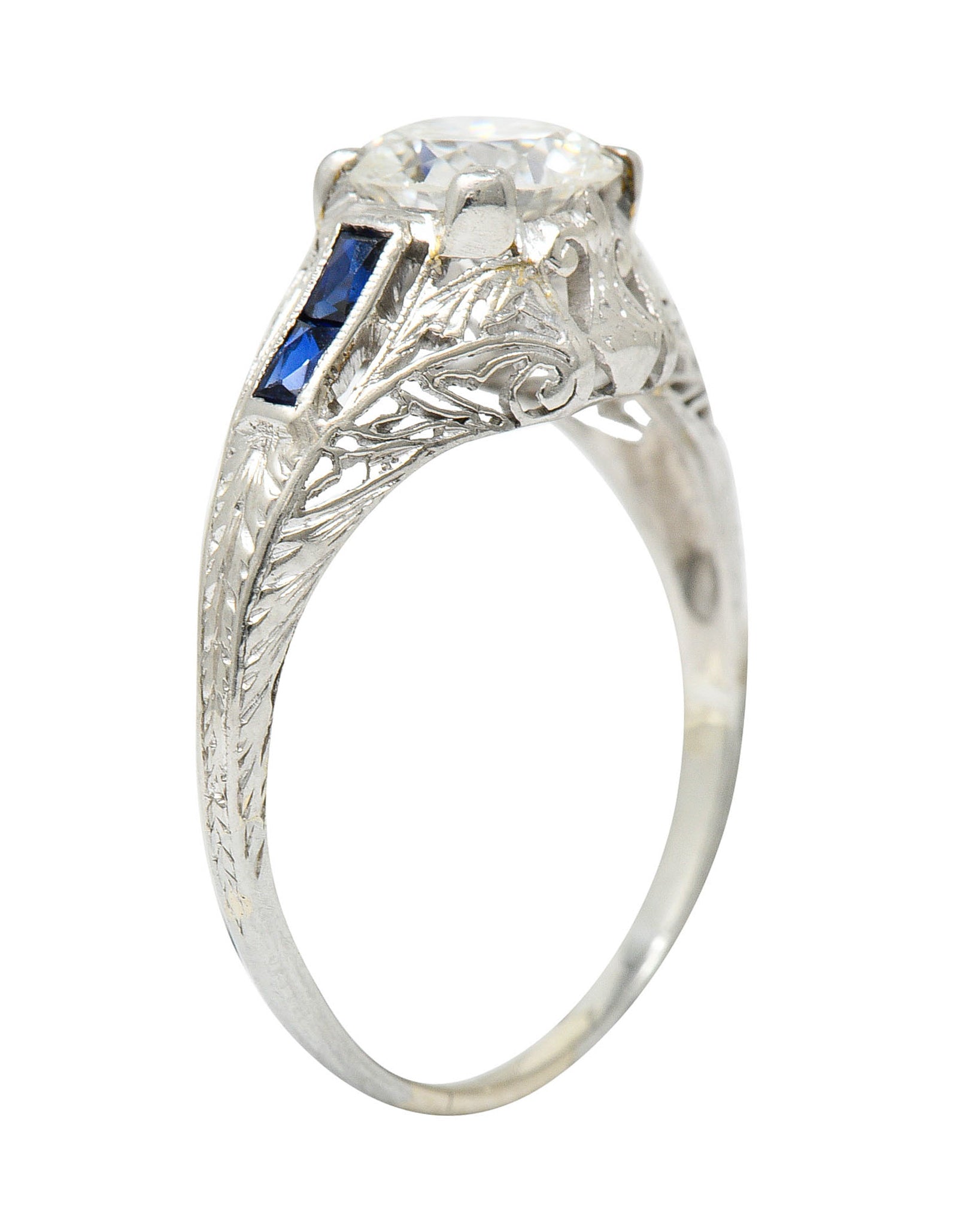 Art Deco 1.20 CTW Diamond Sapphire 14 Karat White Gold Engagement RingRing - Wilson's Estate Jewelry