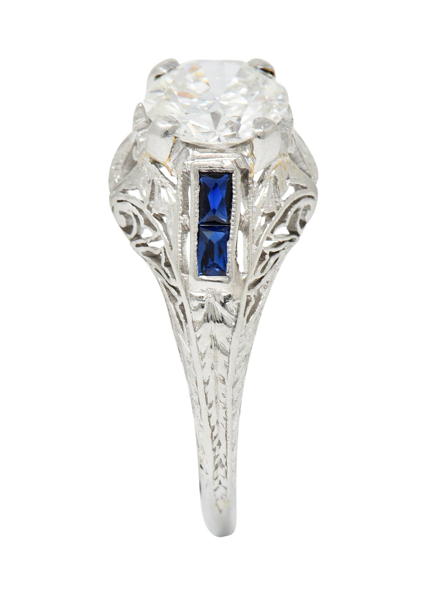 Art Deco 1.20 CTW Diamond Sapphire 14 Karat White Gold Engagement RingRing - Wilson's Estate Jewelry