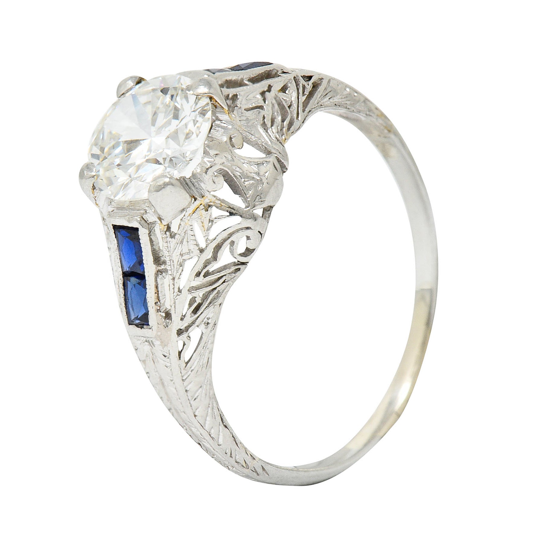 Art Deco 1.20 CTW Diamond Sapphire 14 Karat White Gold Engagement RingRing - Wilson's Estate Jewelry