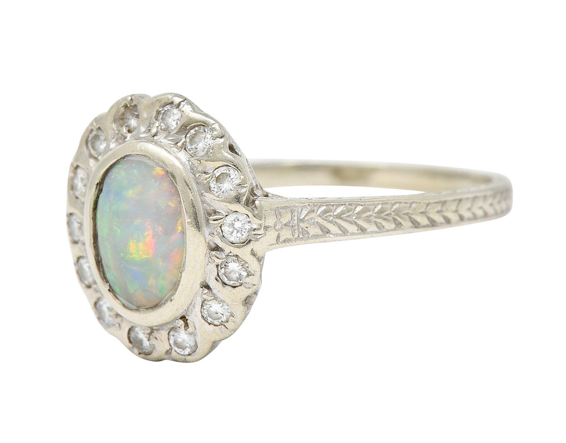 Art Deco Dreicer & Co. Opal Diamond 14 Karat White Gold Cluster RingRing - Wilson's Estate Jewelry