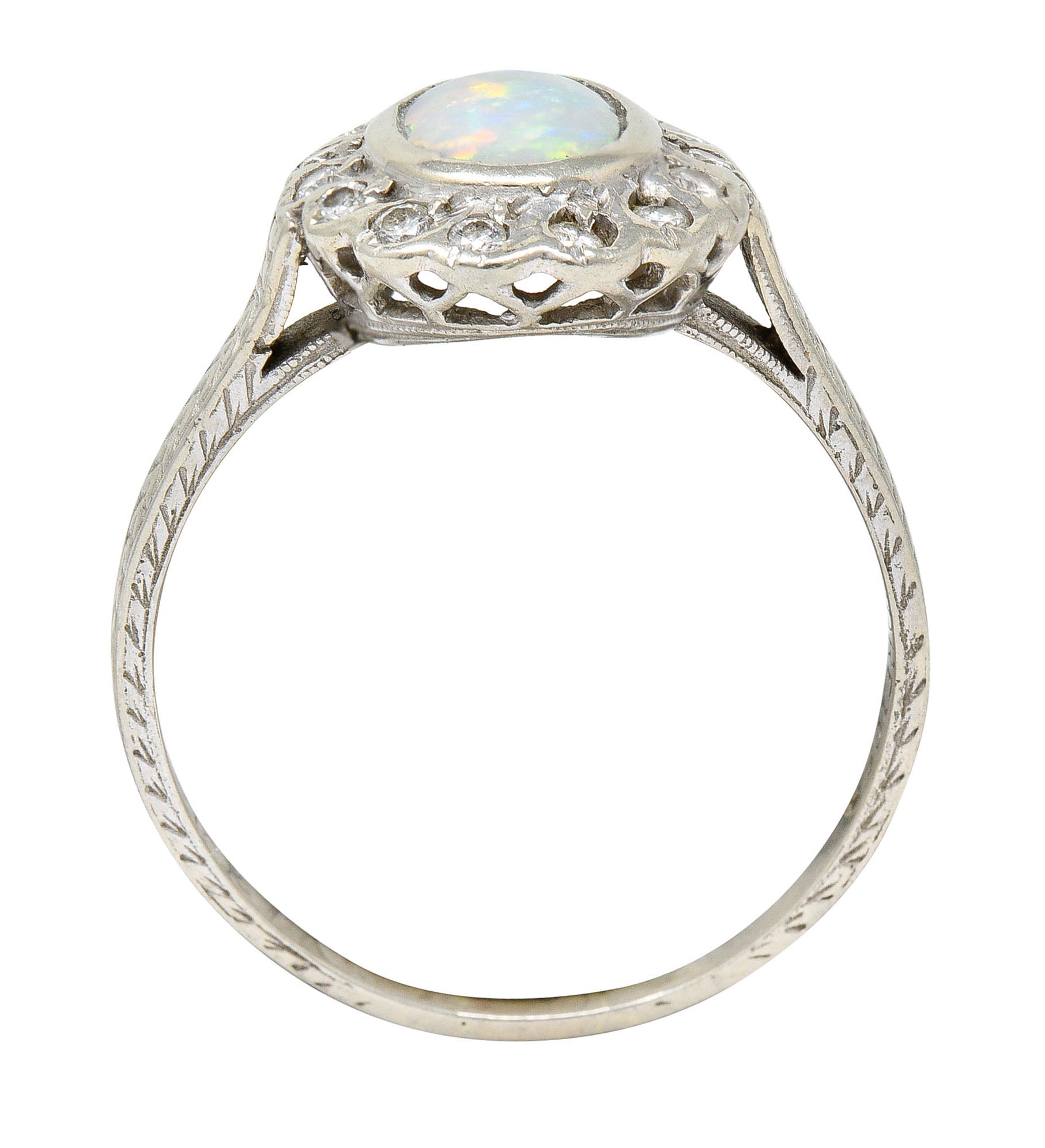 Art Deco Dreicer & Co. Opal Diamond 14 Karat White Gold Cluster RingRing - Wilson's Estate Jewelry