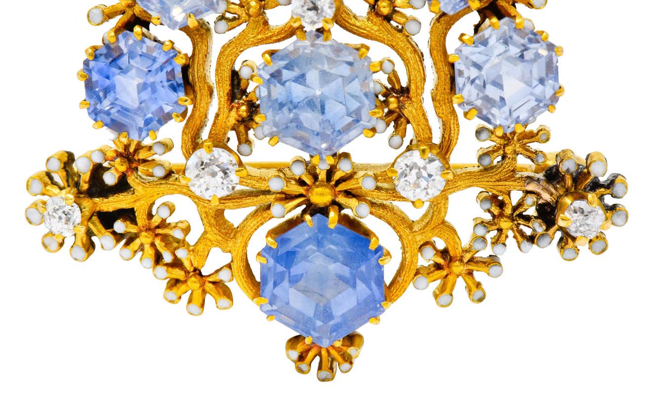 Tiffany & Co. Paulding Farnham 5.85 Carat Sapphire Diamond Enamel 18 Karat GoldBrooch - Wilson's Estate Jewelry