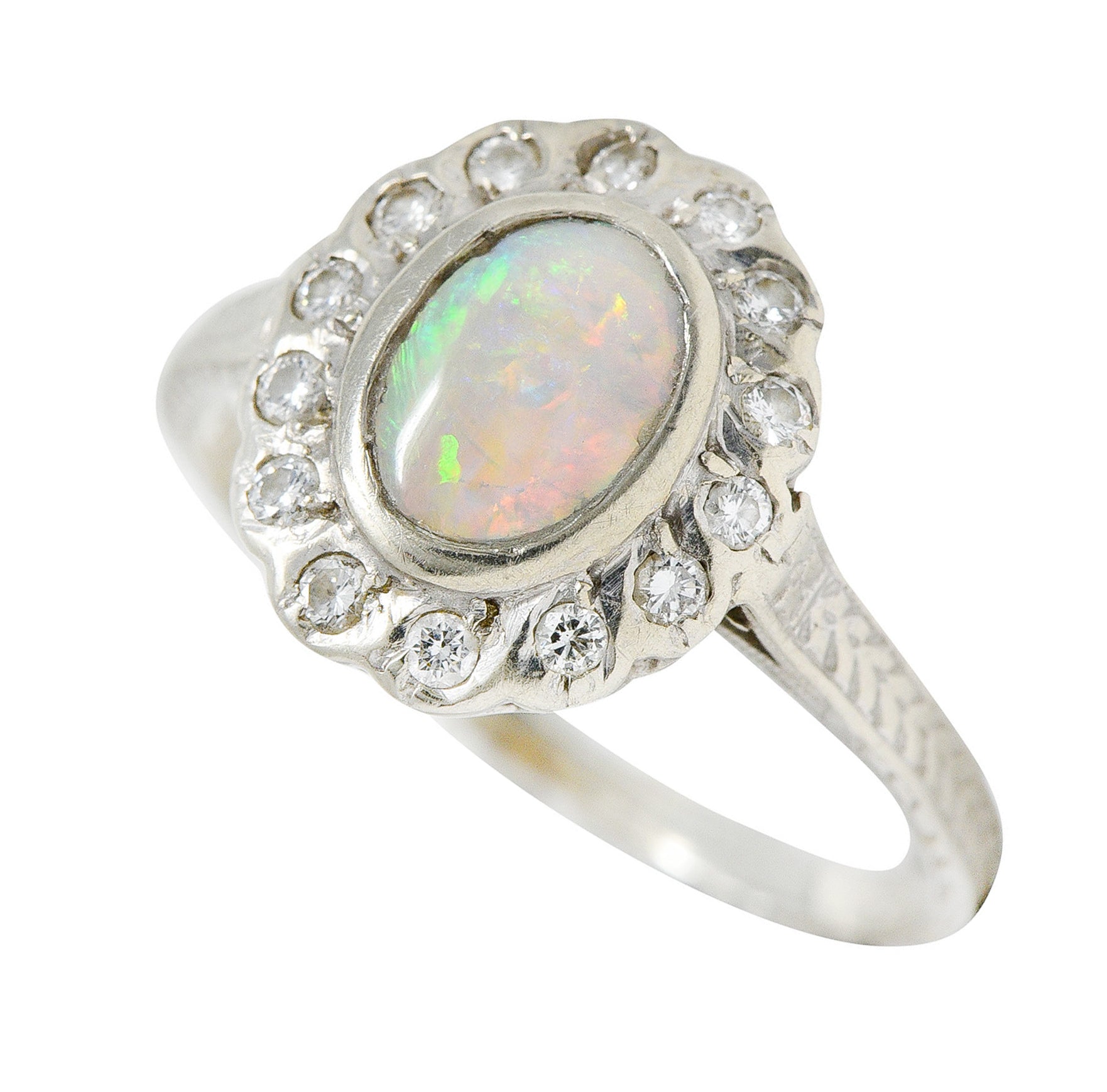 Art Deco Dreicer & Co. Opal Diamond 14 Karat White Gold Cluster RingRing - Wilson's Estate Jewelry