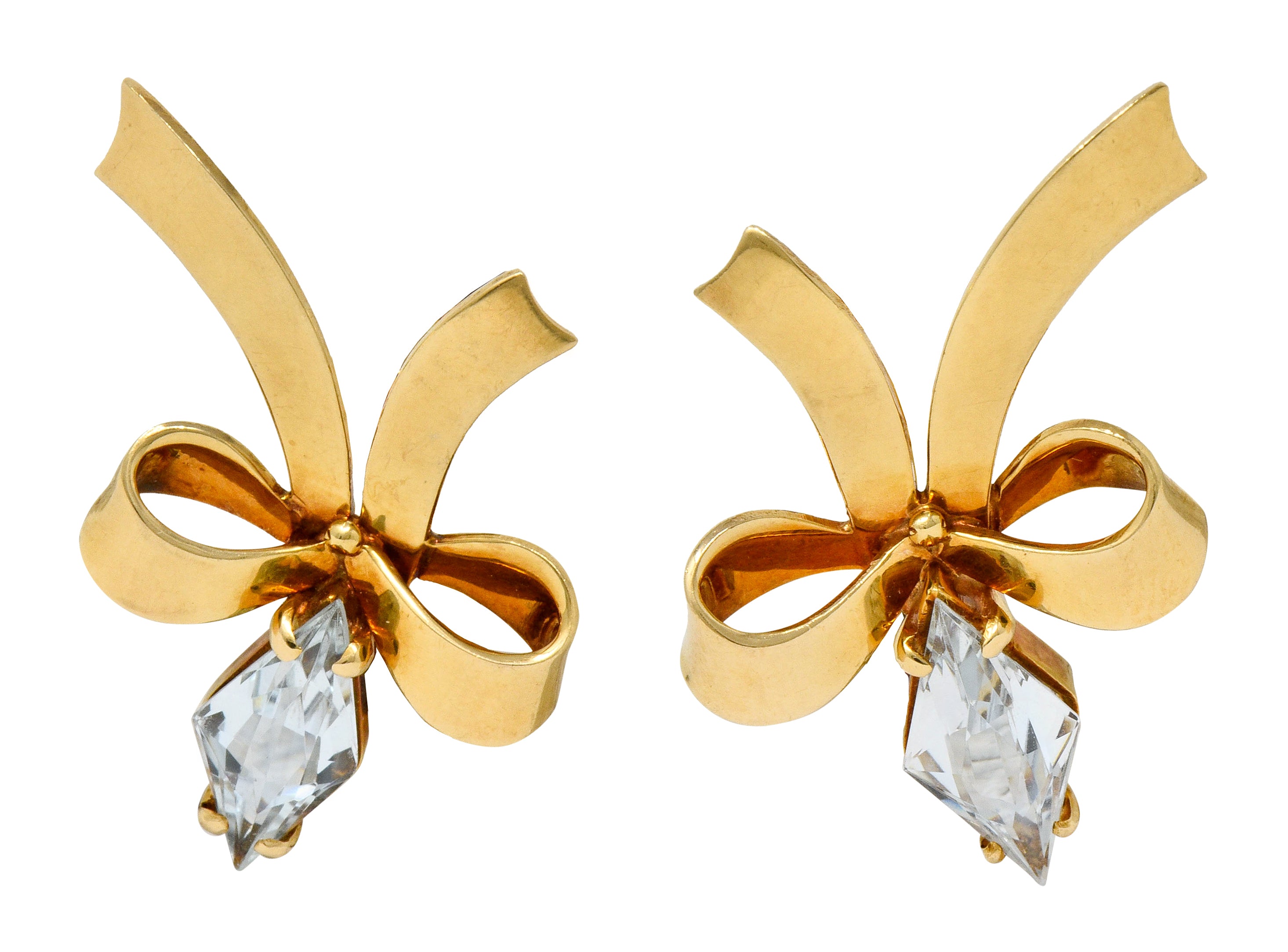 Retro Aquamarine 14 Karat Gold Ribboned Bow Screwback Earrings - Wilson's Estate Jewelry