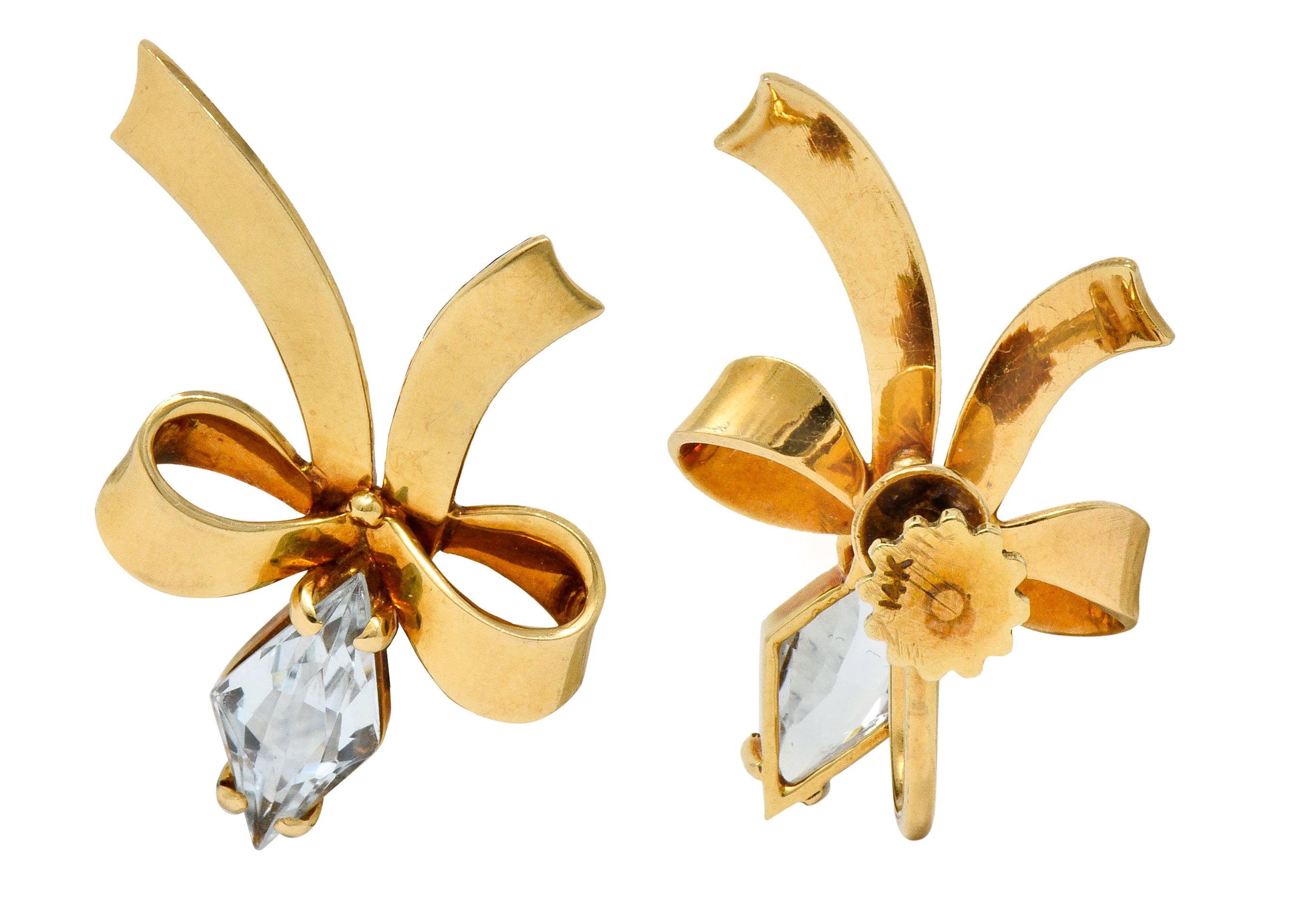 Retro Aquamarine 14 Karat Gold Ribboned Bow Screwback Earrings - Wilson's Estate Jewelry