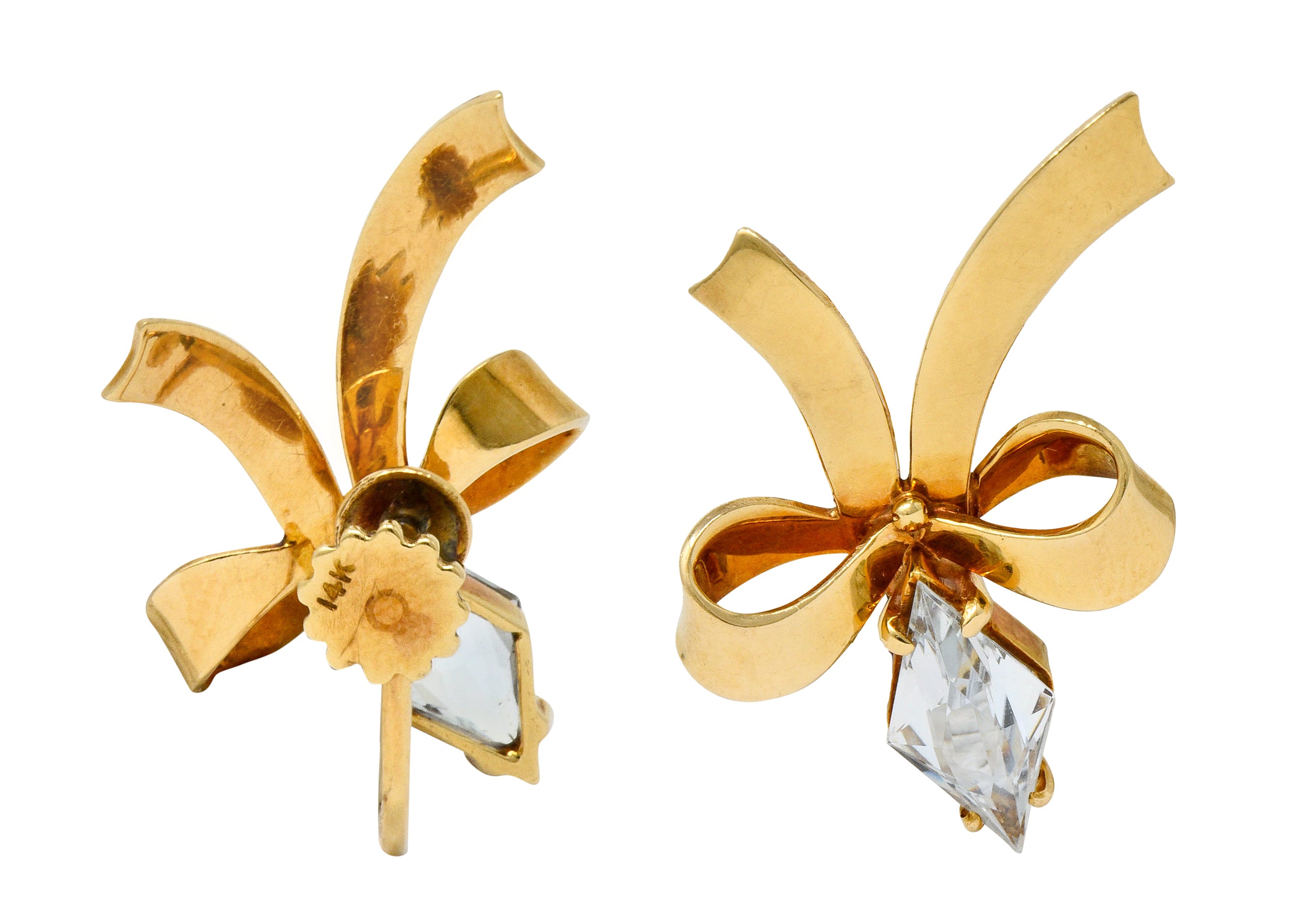 Retro Aquamarine 14 Karat Gold Ribboned Bow Screwback Earrings - Wilson's Estate Jewelry