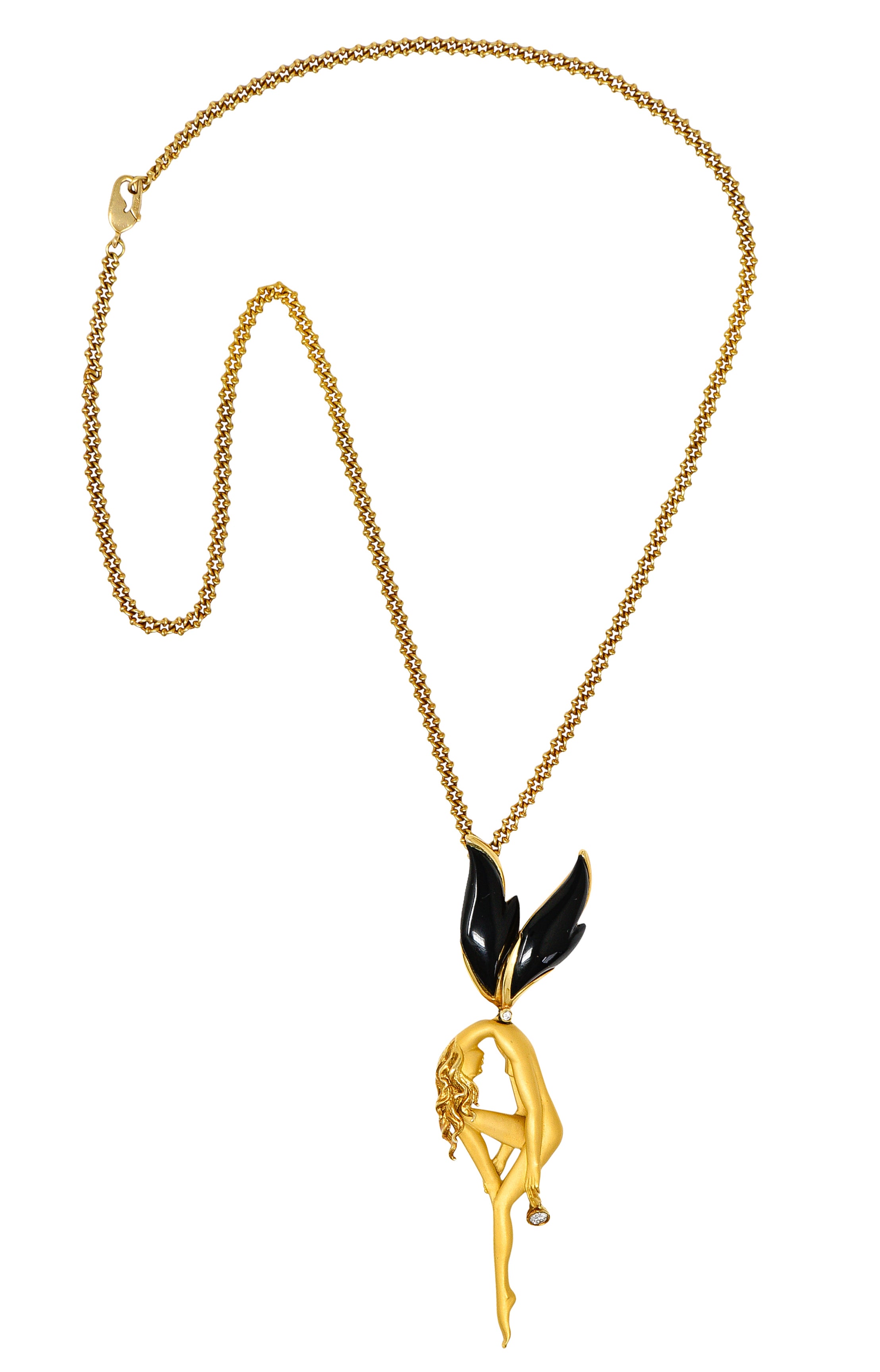 Carrera Y Carrera 1990's Diamond Onyx 18 Karat Yellow Gold Pomona Fairy Vintage Pendant Necklace Wilson's Estate Jewelry