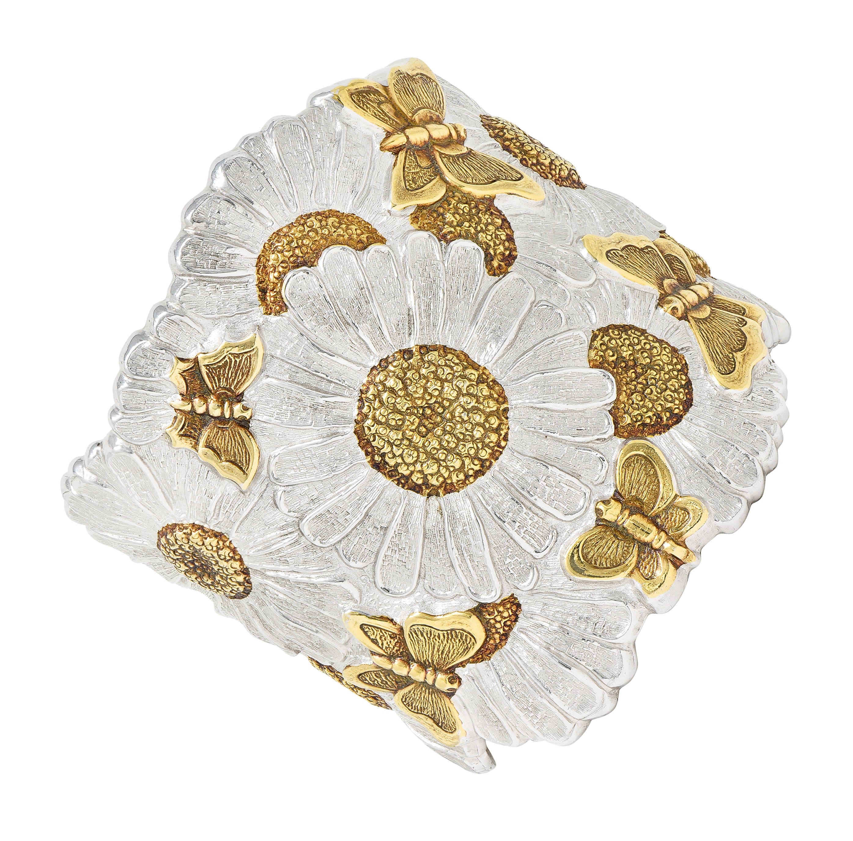 Buccellati Contemporary Italian Sterling Silver 22 Karat Gold Vermeil Butterfly Daisy Blossoms Cuff Bracelet Wilson's Estate Jewelry