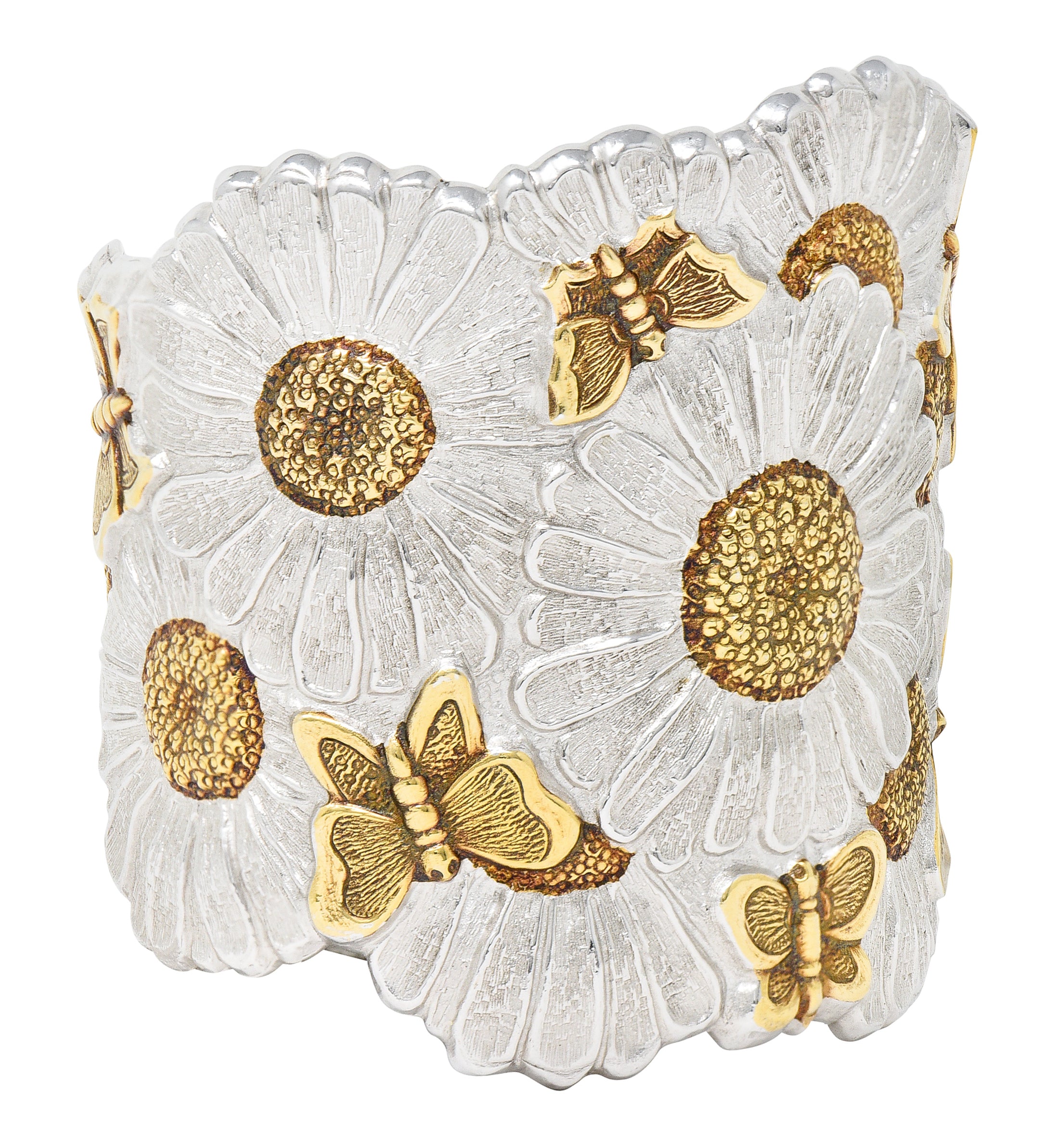 Buccellati Contemporary Italian Sterling Silver 22 Karat Gold Vermeil Butterfly Daisy Blossoms Cuff Bracelet Wilson's Estate Jewelry