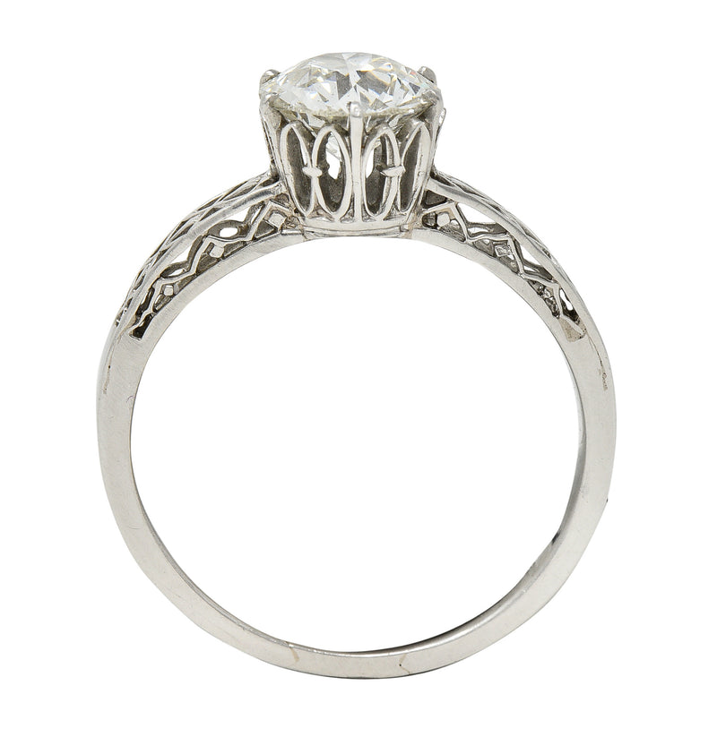 Art Deco 1.42 CTW Platinum Fleur-De-Lis Trellis Solitaire Engagement Ring Wilson's Estate Jewelry