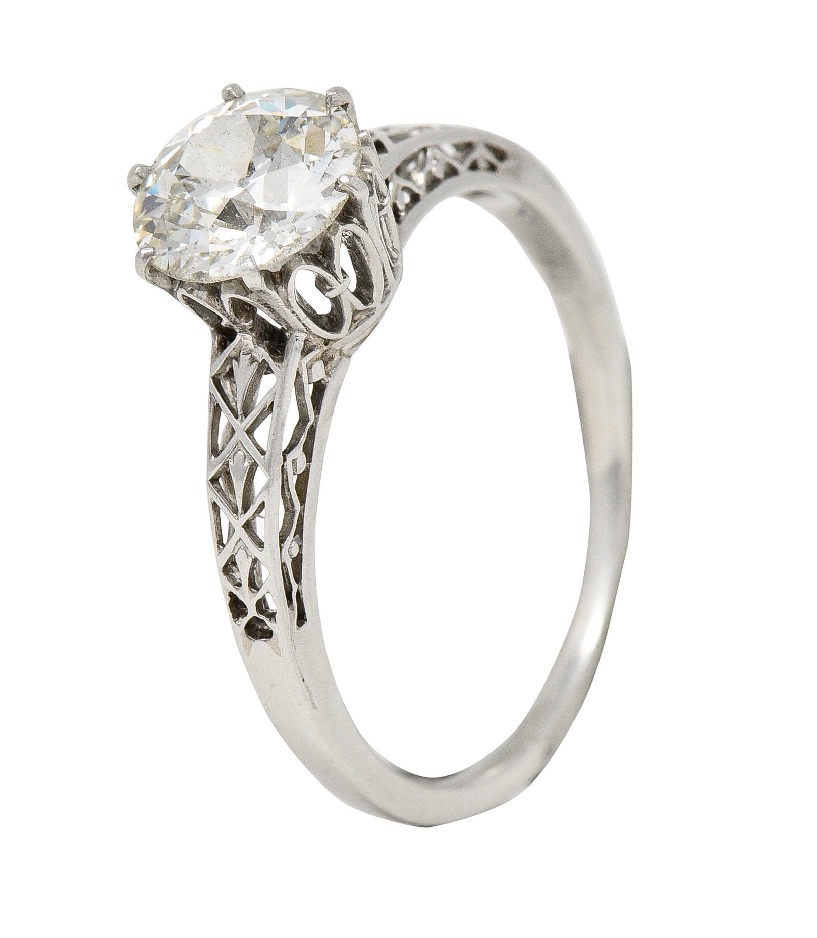 Art Deco 1.42 CTW Platinum Fleur-De-Lis Trellis Solitaire Engagement Ring Wilson's Estate Jewelry