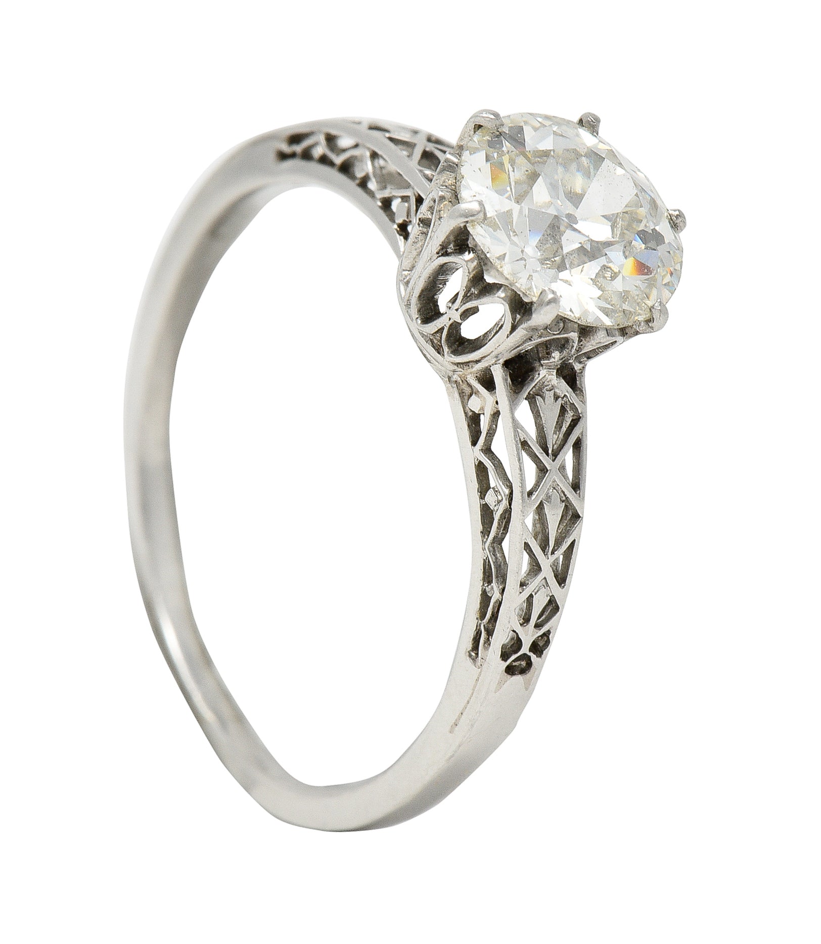 Art Deco 1.42 CTW Platinum Fleur-De-Lis Trellis Solitaire Engagement Ring Wilson's Estate Jewelry