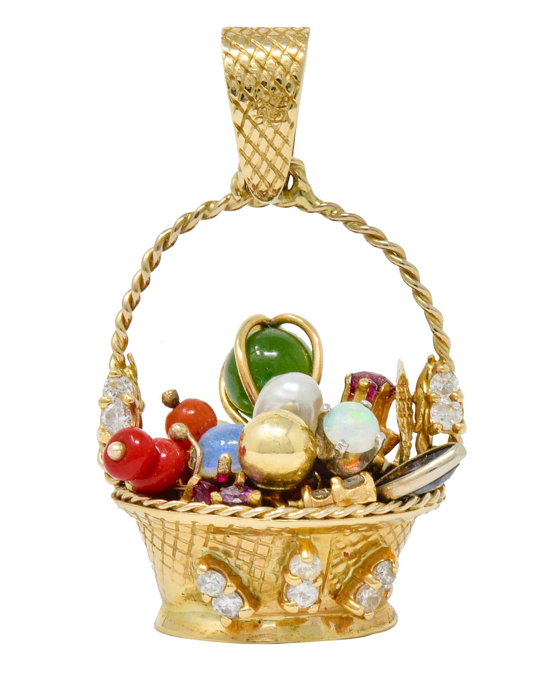 Retro Diamond Sapphire Opal Multi-Gem 14 Karat Gold Fruit Basket Pendant Charm - Wilson's Estate Jewelry