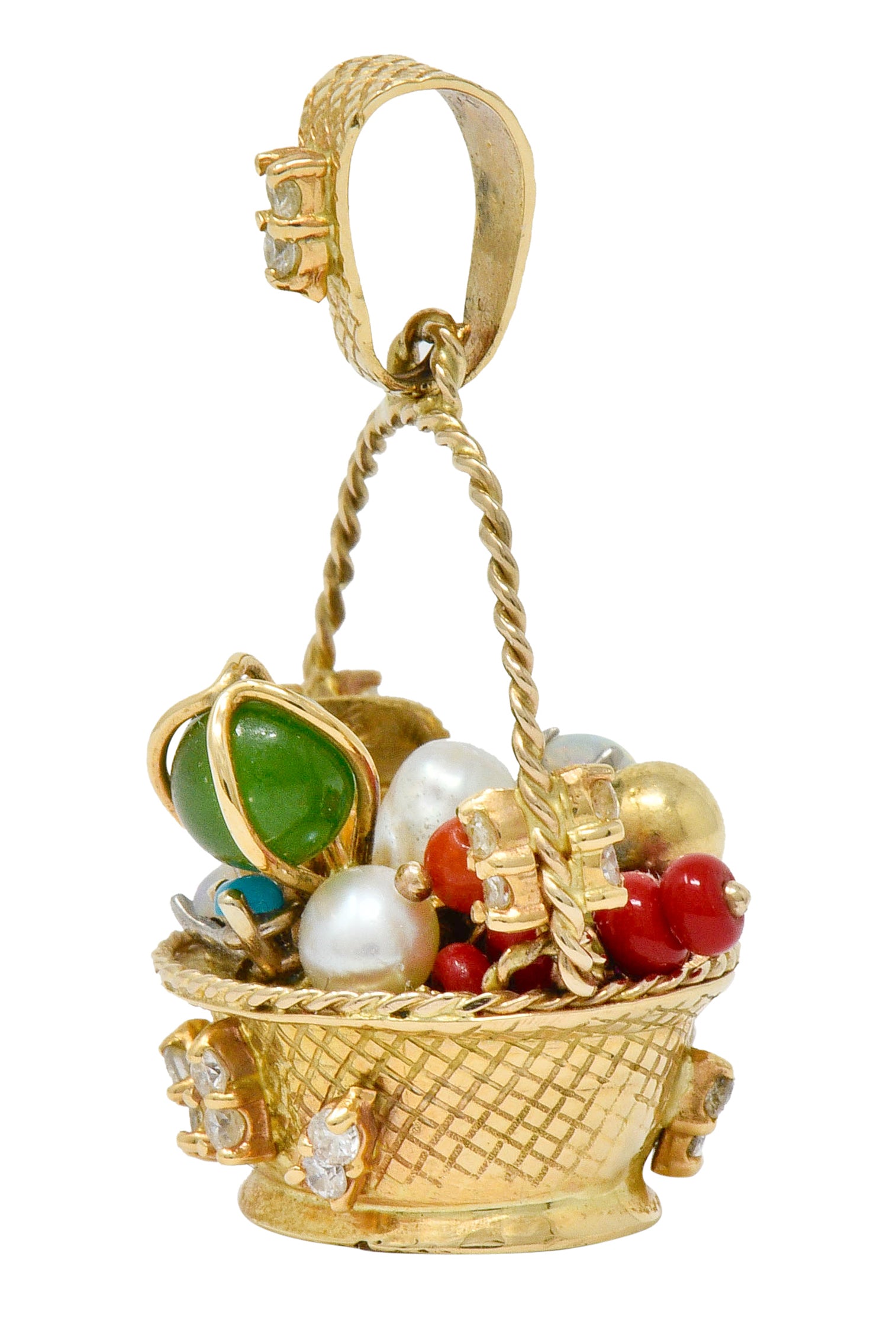 Retro Diamond Sapphire Opal Multi-Gem 14 Karat Gold Fruit Basket Pendant Charm - Wilson's Estate Jewelry