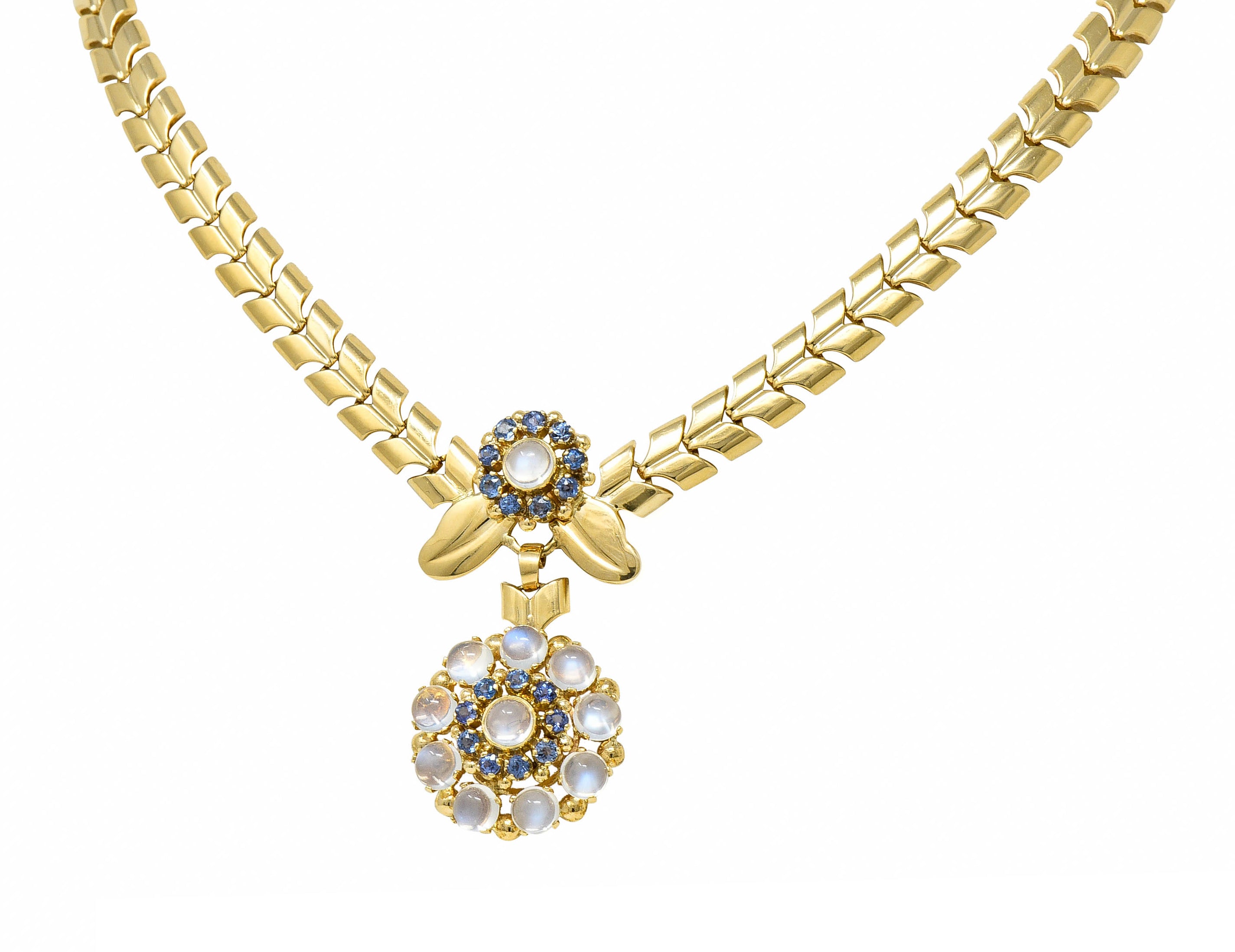 Tiffany & Co. Retro Moonstone Sapphire 14 Karat Gold Floral Cluster NecklaceNecklace - Wilson's Estate Jewelry