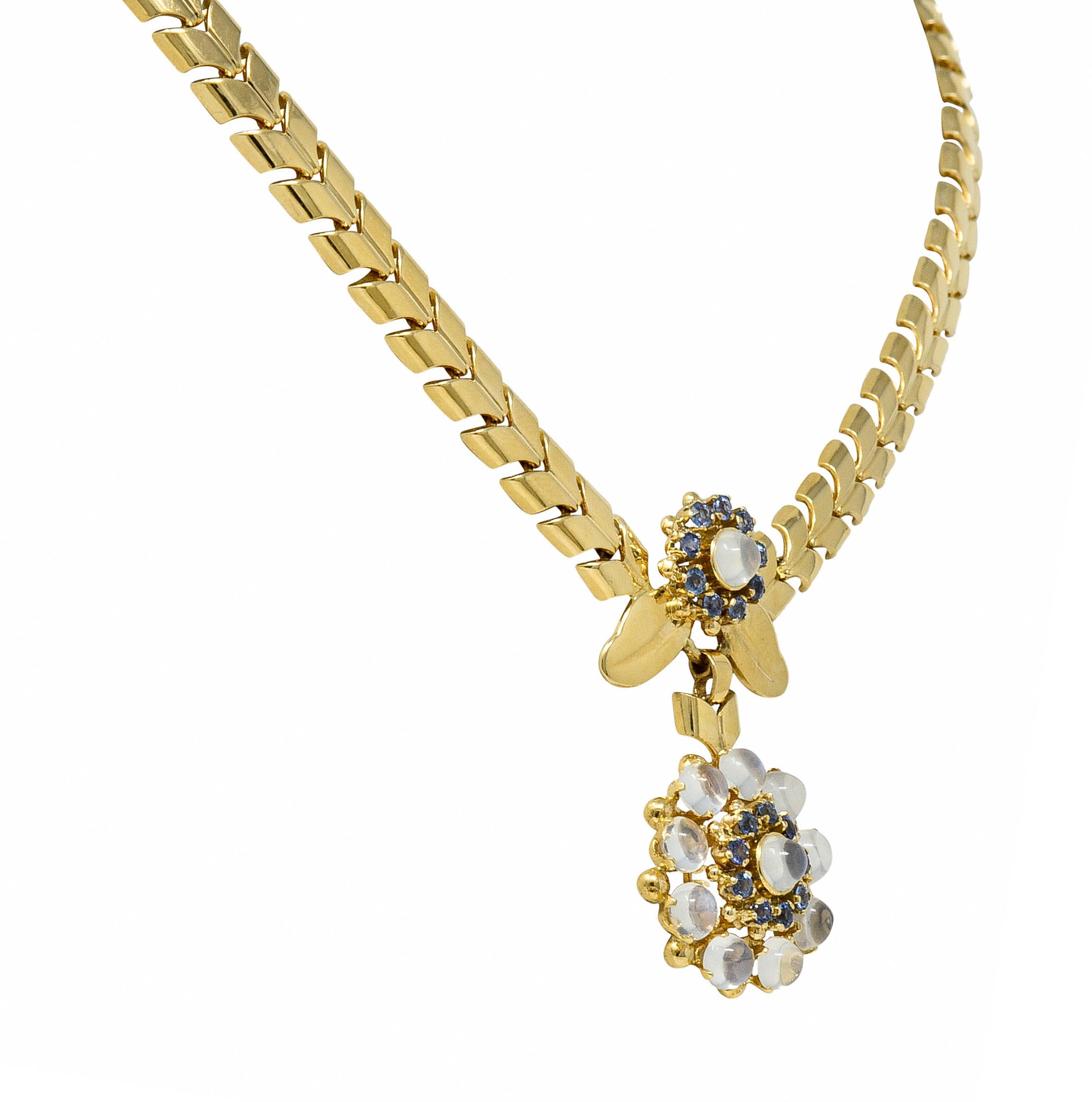 Tiffany & Co. Retro Moonstone Sapphire 14 Karat Gold Floral Cluster NecklaceNecklace - Wilson's Estate Jewelry