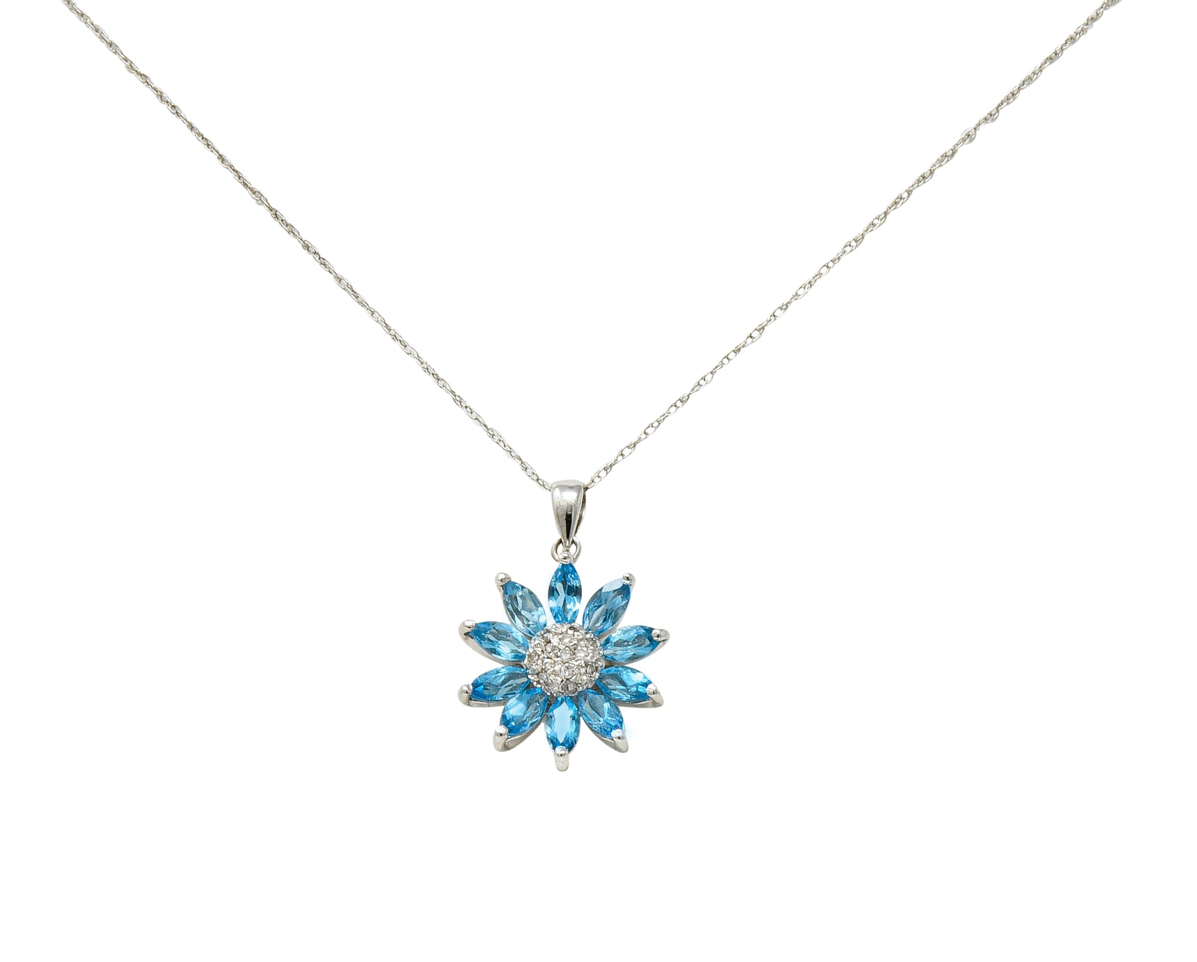 1990's Vintage Diamond Blue Topaz 14 Karat White Gold Radiating Floral Pendant Necklace - Wilson's Estate Jewelry