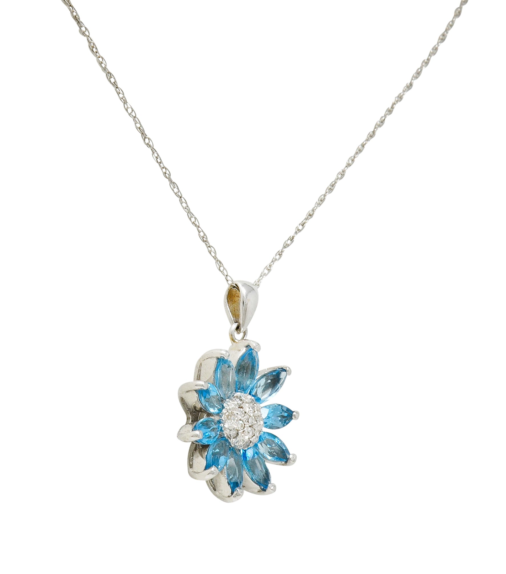 1990's Vintage Diamond Blue Topaz 14 Karat White Gold Radiating Floral Pendant Necklace - Wilson's Estate Jewelry