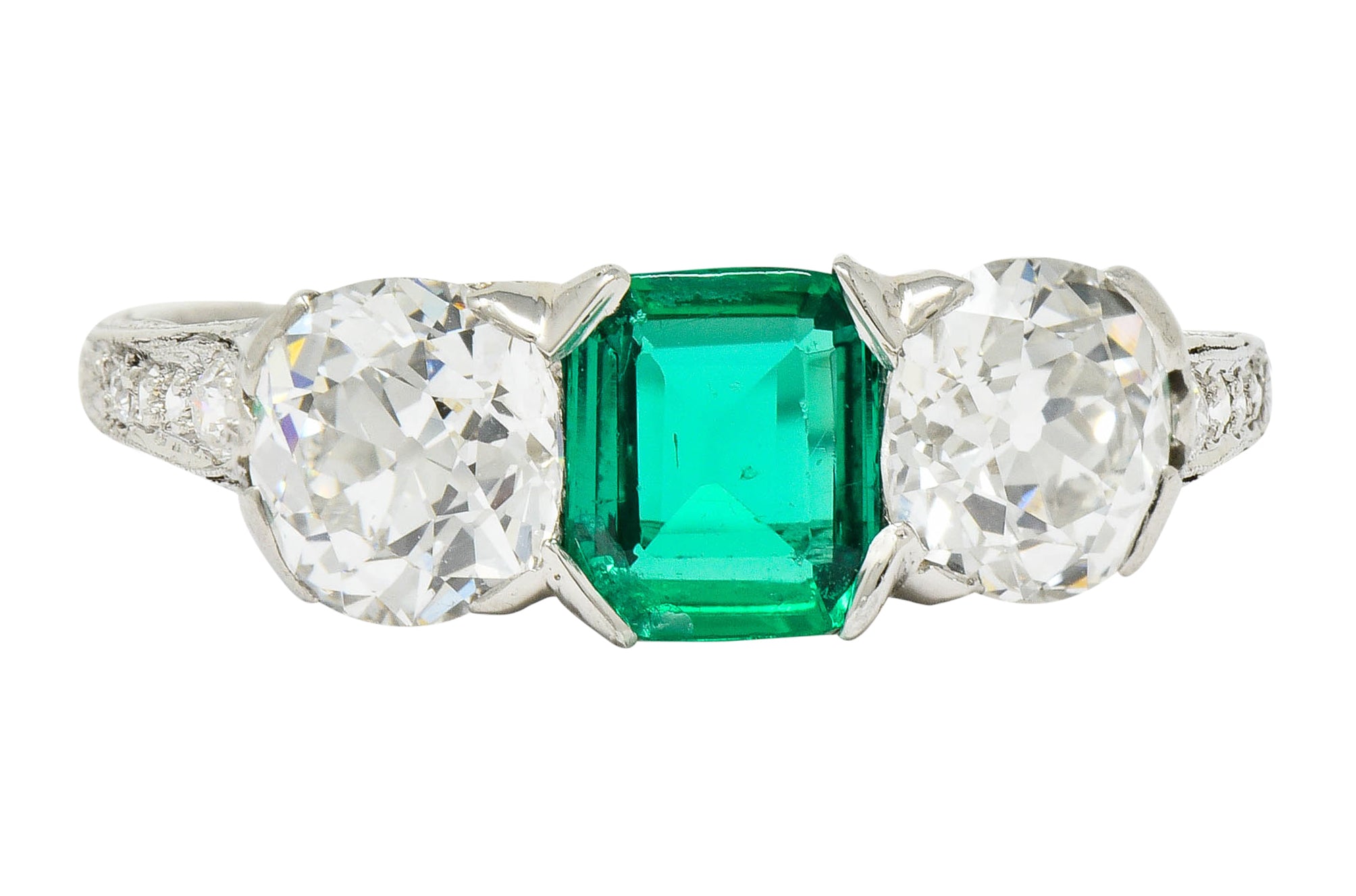 Edwardian 2.71 CTW Emerald Diamond Platinum Three Stone Ring Circa 1915 - Wilson's Estate Jewelry