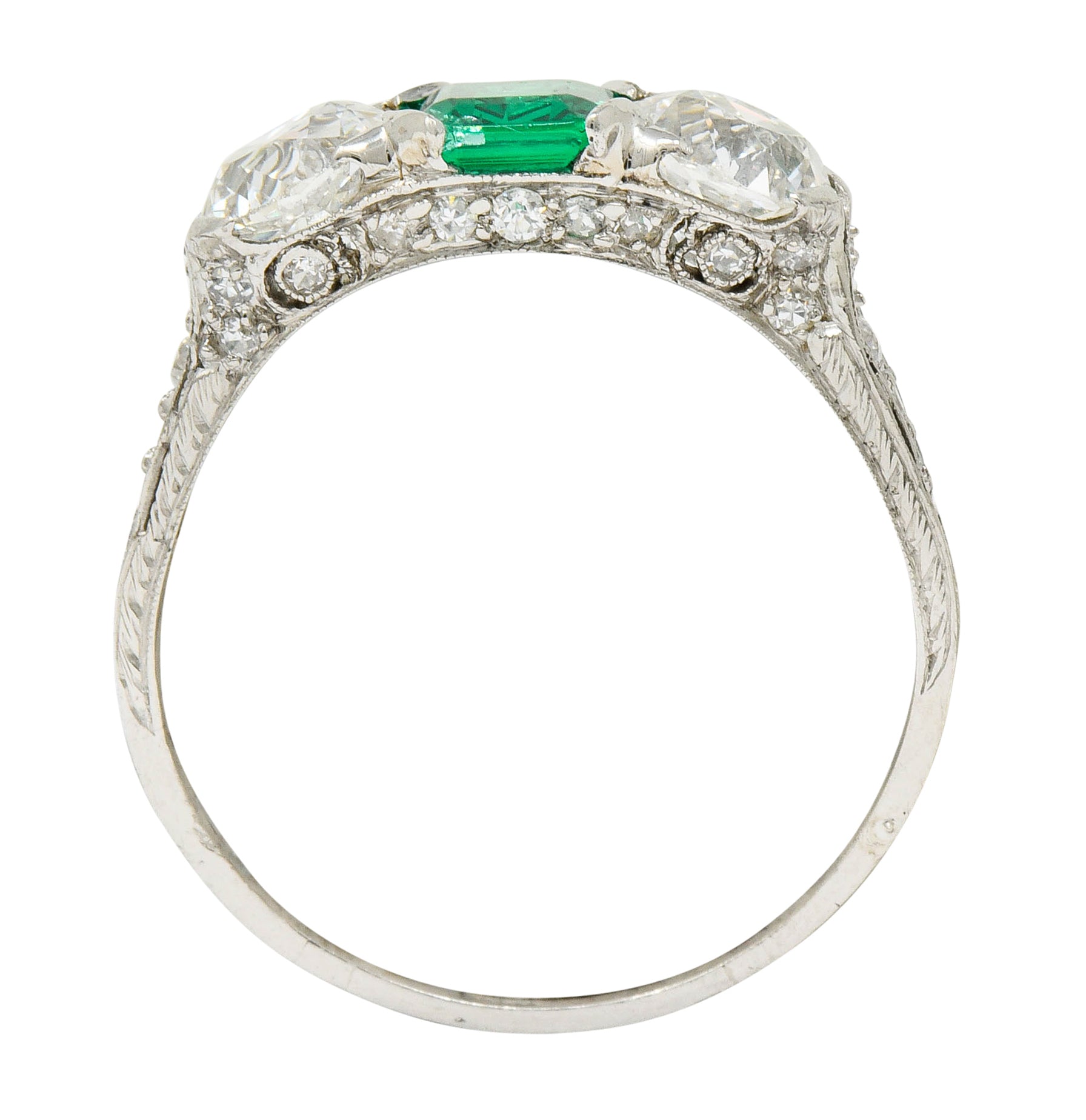 Edwardian 2.71 CTW Emerald Diamond Platinum Three Stone Ring Circa 1915 - Wilson's Estate Jewelry