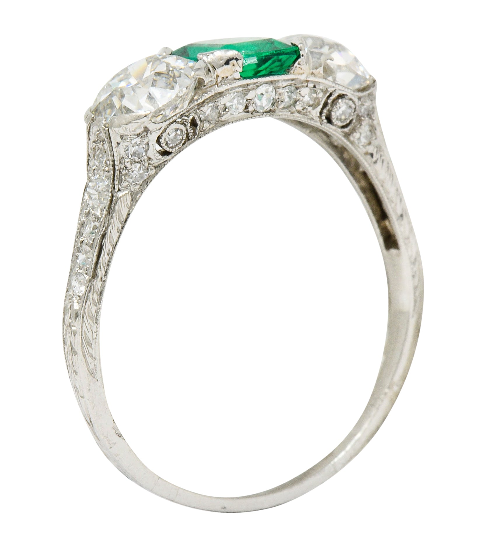 Edwardian 2.71 CTW Emerald Diamond Platinum Three Stone Ring Circa 1915 - Wilson's Estate Jewelry