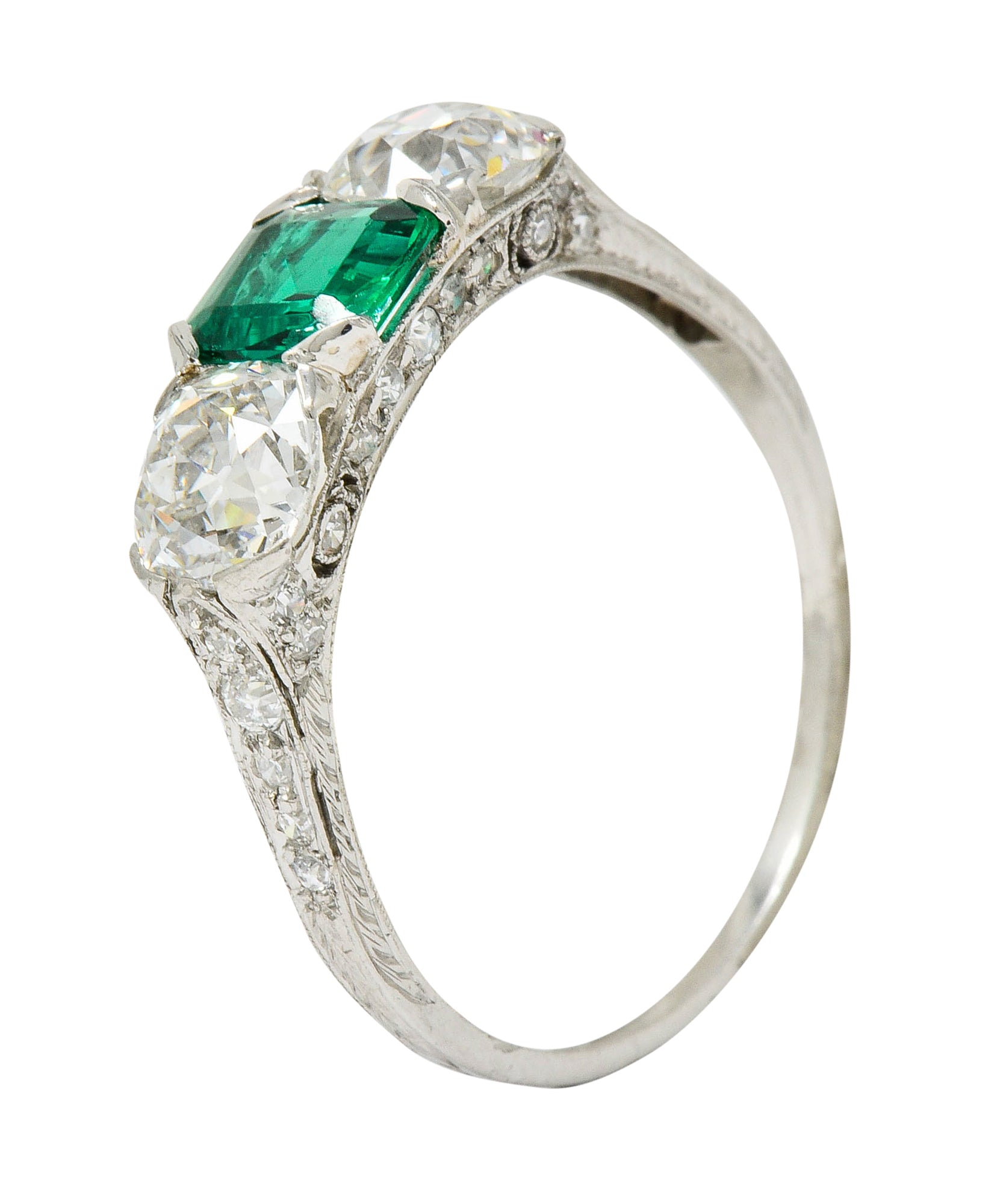 Edwardian 2.71 CTW Emerald Diamond Platinum Three Stone Ring Circa 1915 - Wilson's Estate Jewelry