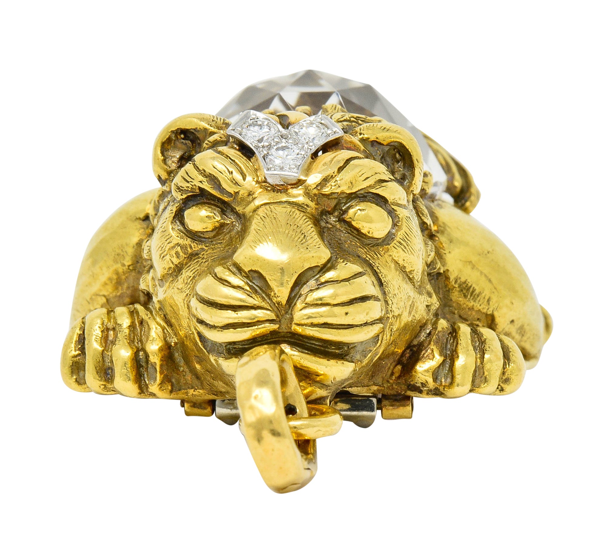 Substantial David Webb Diamond Rock Crystal 18 Karat Gold Lion Pendant Brooch - Wilson's Estate Jewelry