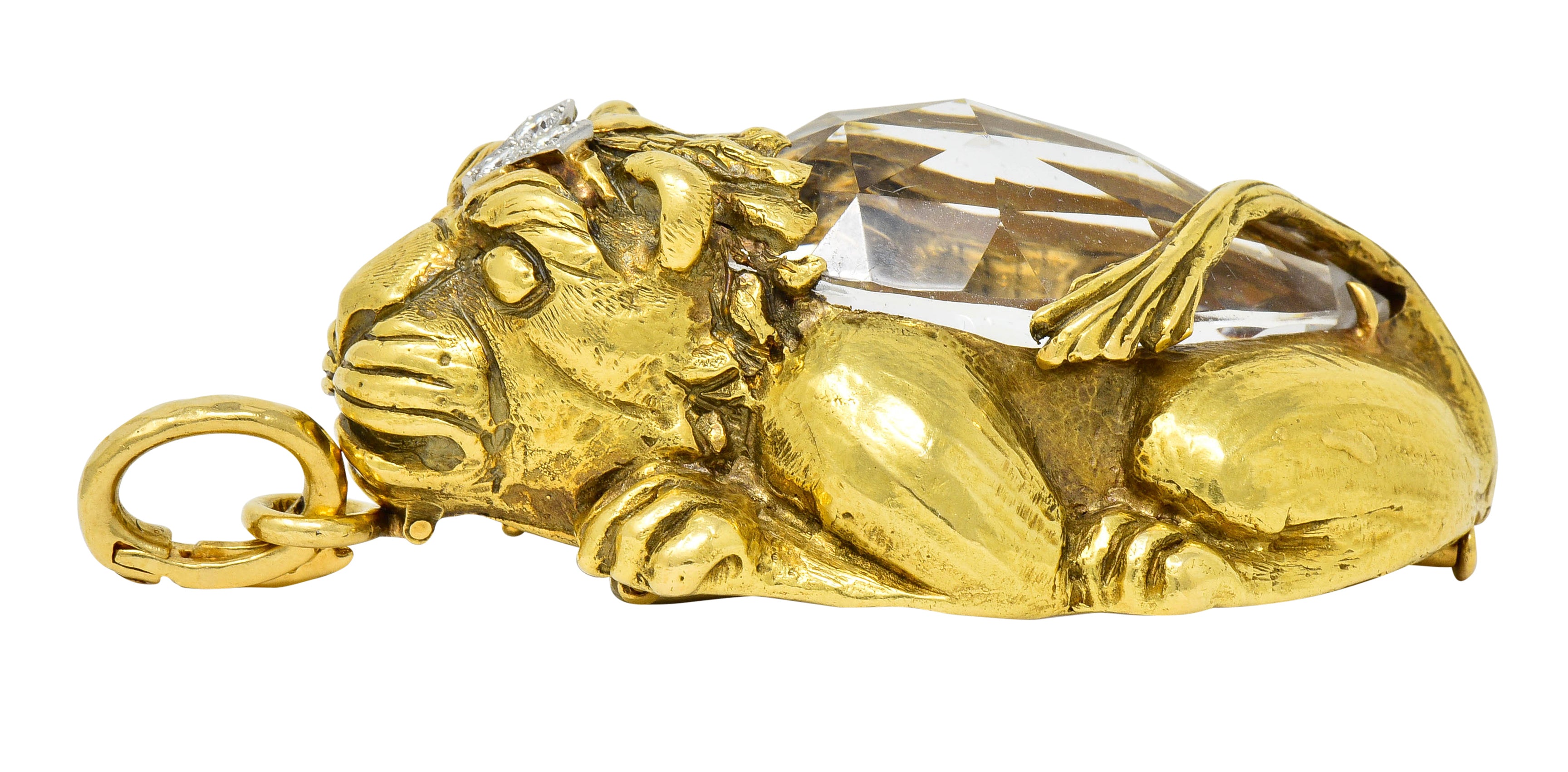 Substantial David Webb Diamond Rock Crystal 18 Karat Gold Lion Pendant Brooch - Wilson's Estate Jewelry