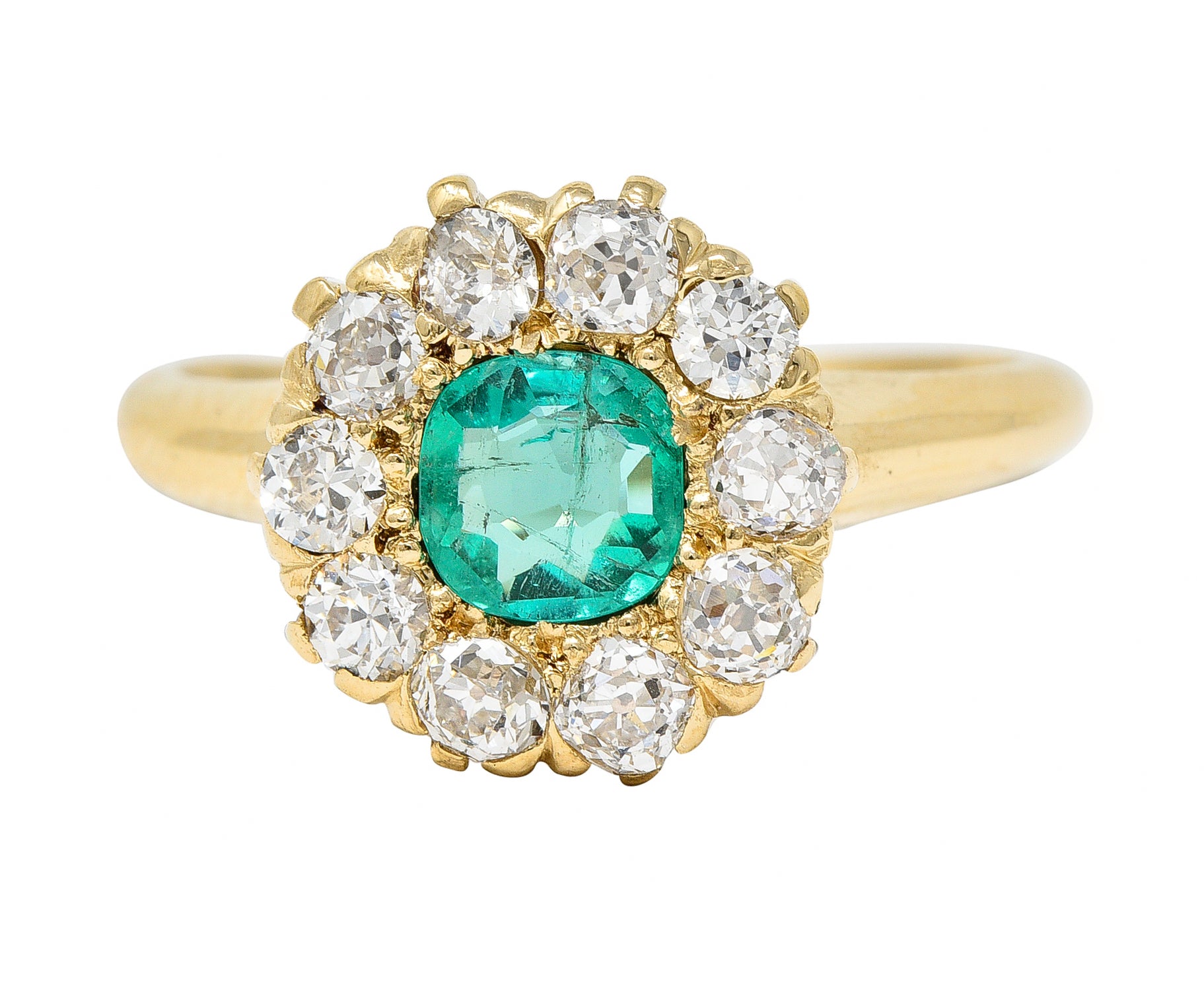 Victorian 1.52 CTW Cushion Cut Emerald Old Mine Cut Diamond 14 Karat Yellow Gold Antique Halo Ring Wilson's Estate Jewelry