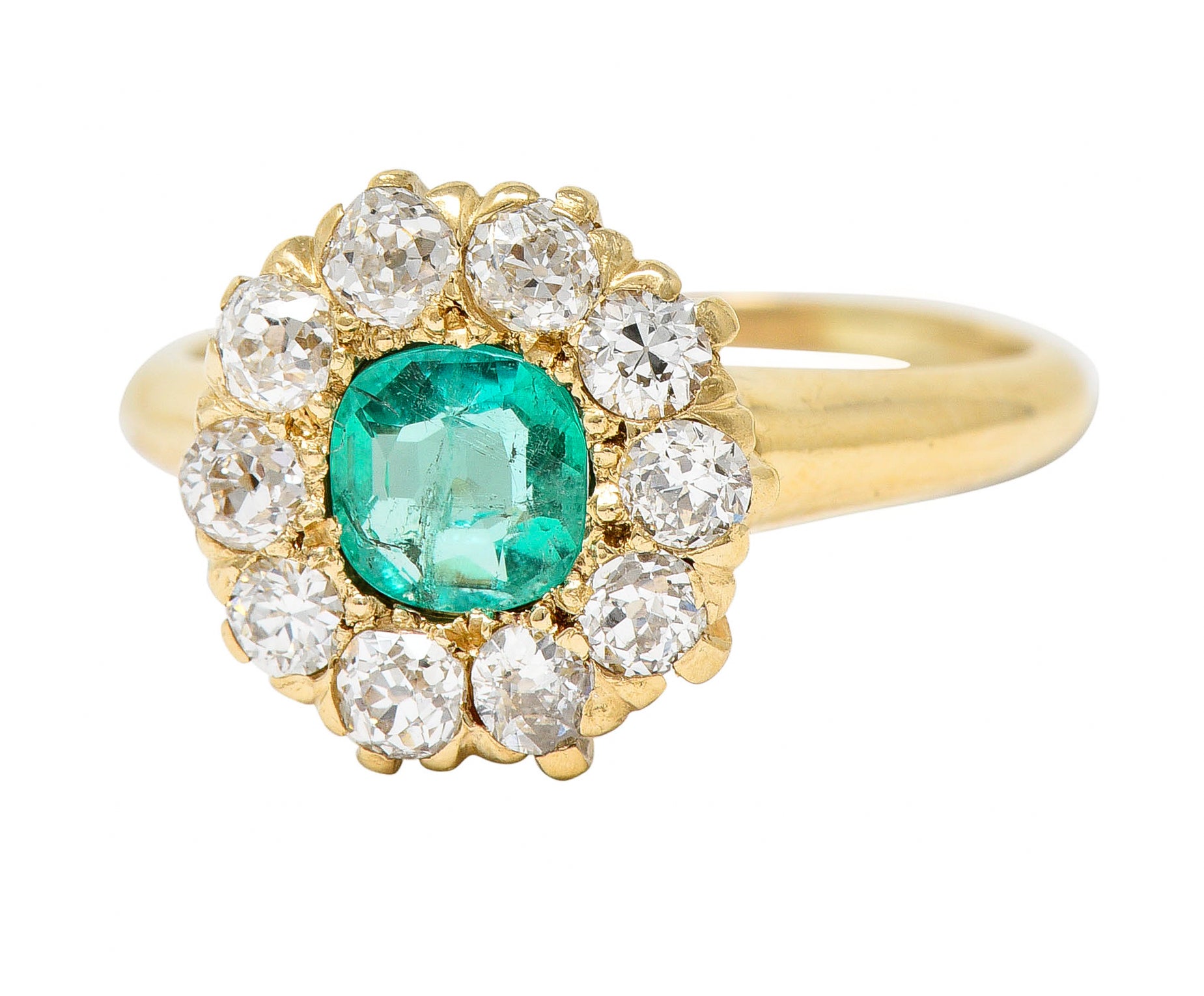 Victorian 1.52 CTW Cushion Cut Emerald Old Mine Cut Diamond 14 Karat Yellow Gold Antique Halo Ring Wilson's Estate Jewelry