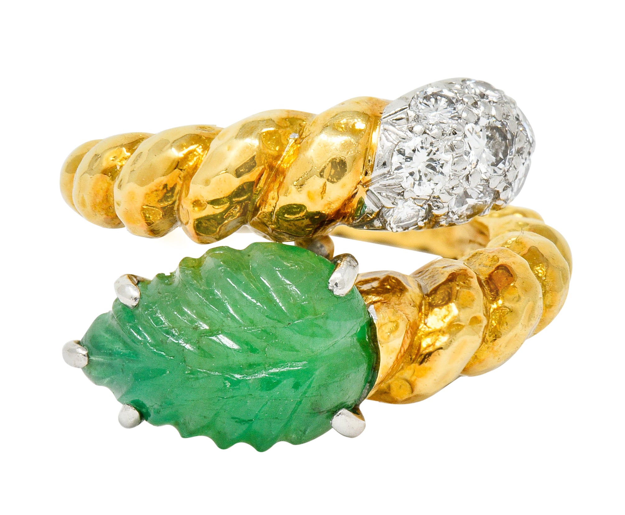 David Webb Carved Emerald Pave Diamond 18 Karat Gold Bypass Ring - Wilson's Estate Jewelry