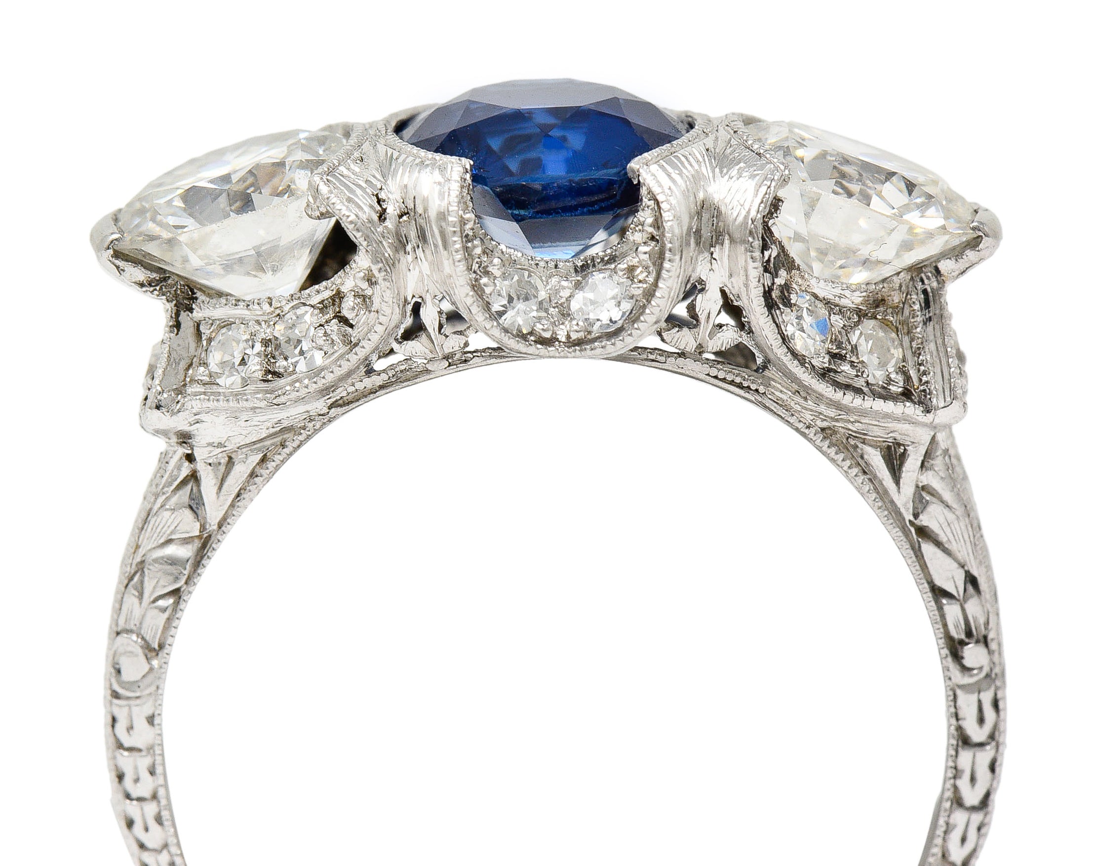 Art Deco 3.78 CTW No Heat Cambodian Sapphire Old European Cut Diamond Platinum Foliate Festoon Three Stone Ring GIA Wilson's Estate Jewelry