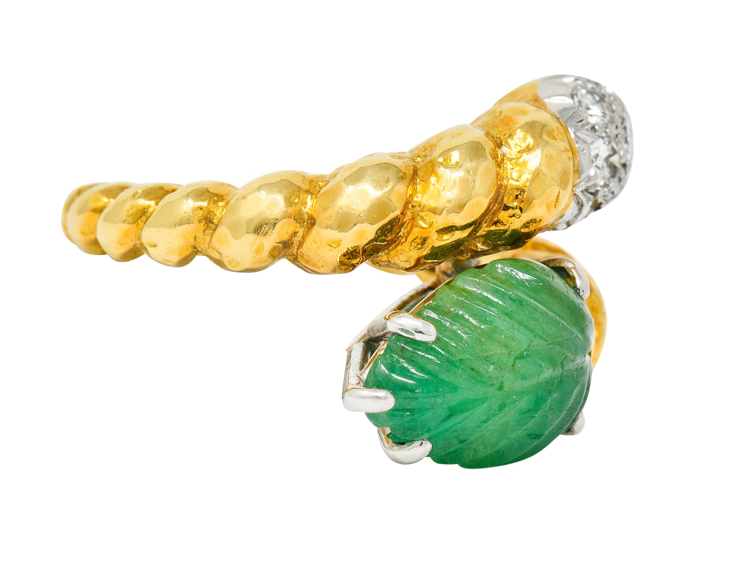 David Webb Carved Emerald Pave Diamond 18 Karat Gold Bypass Ring - Wilson's Estate Jewelry