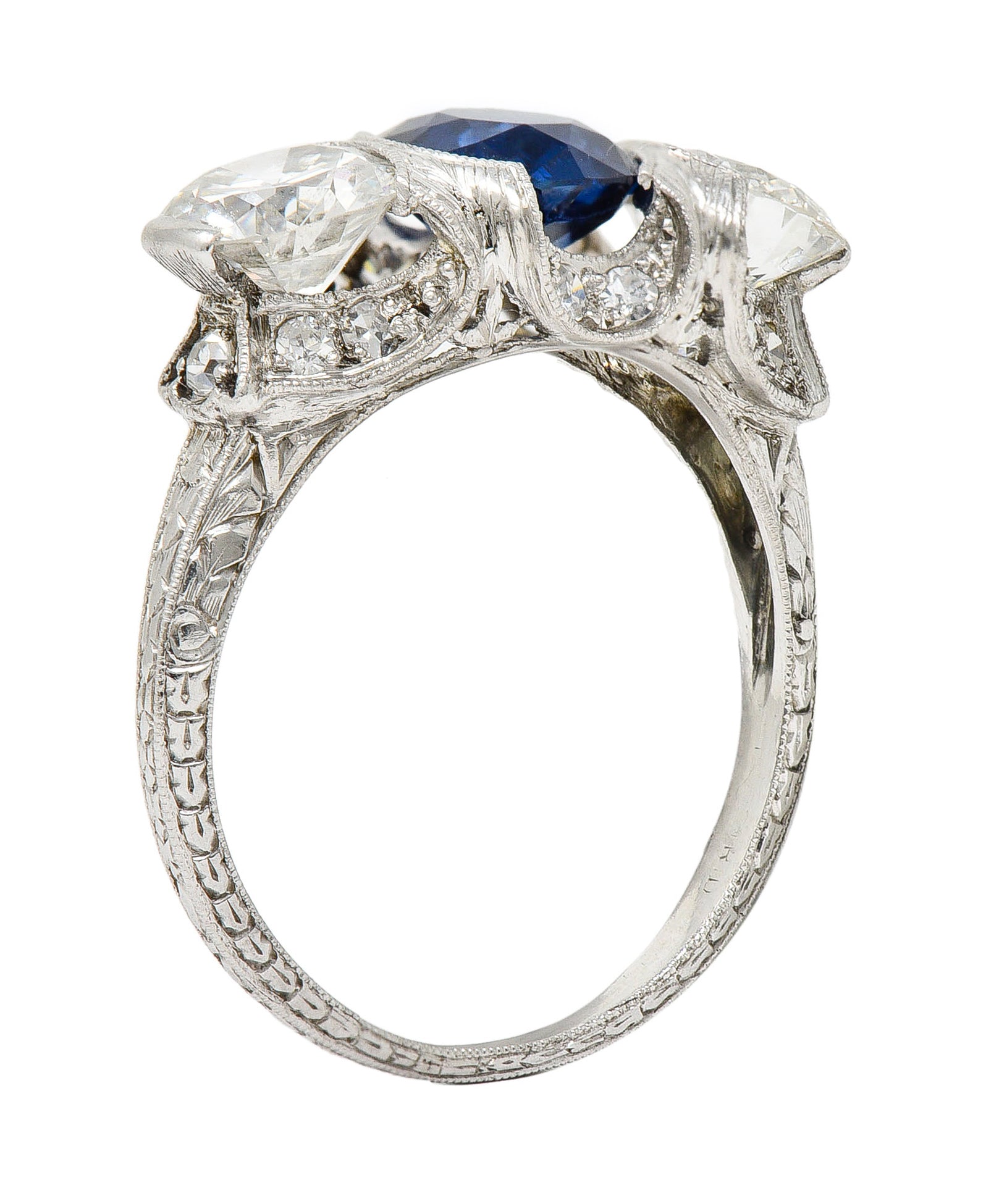 Art Deco 3.78 CTW No Heat Cambodian Sapphire Old European Cut Diamond Platinum Foliate Festoon Three Stone Ring GIA Wilson's Estate Jewelry