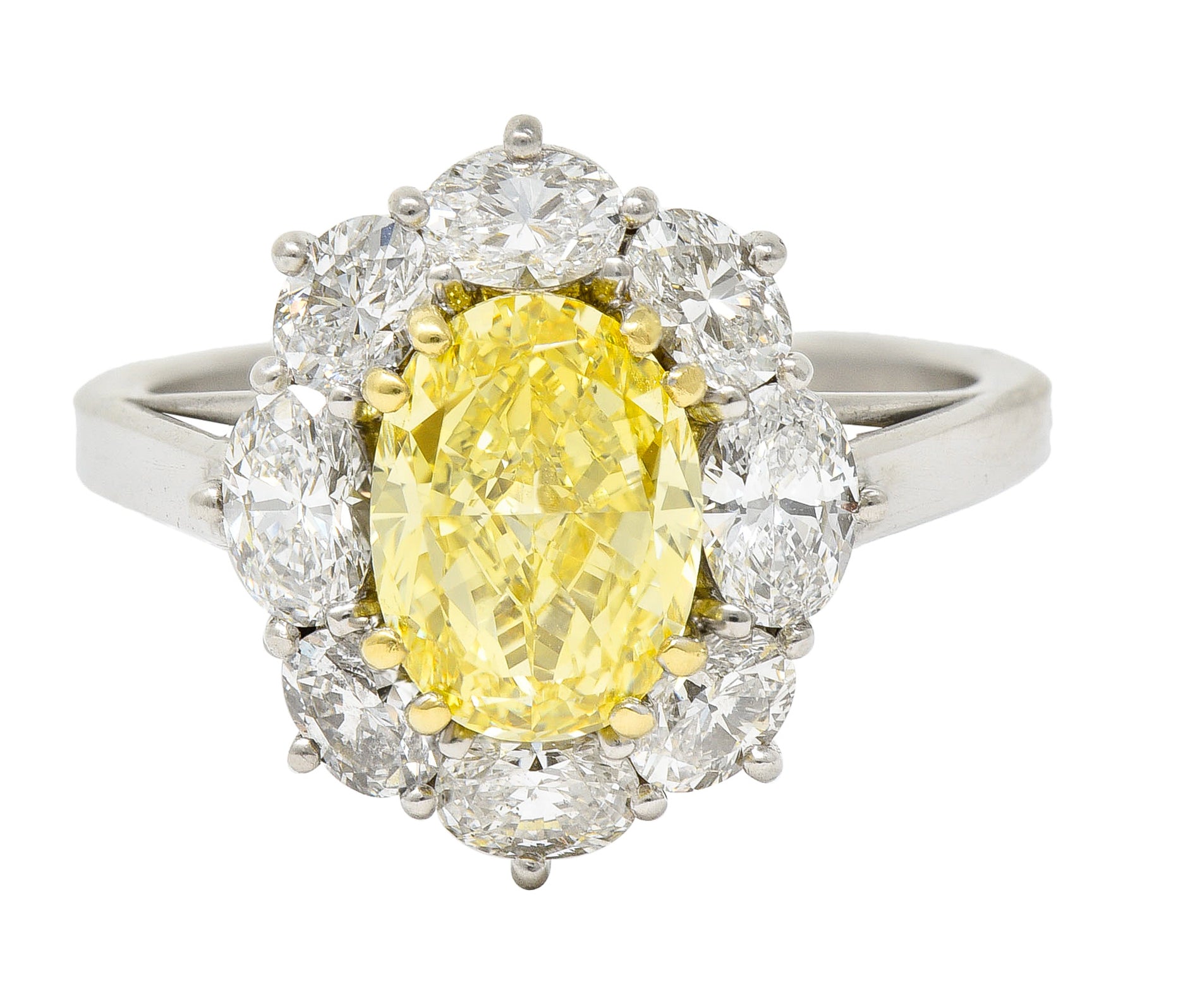 Vintage 3.27 CTW Oval Cut Fancy Intense Yellow Diamond Platinum 18 Karat Yellow Gold Cluster Ring GIA Wilson's Estate Jewelry