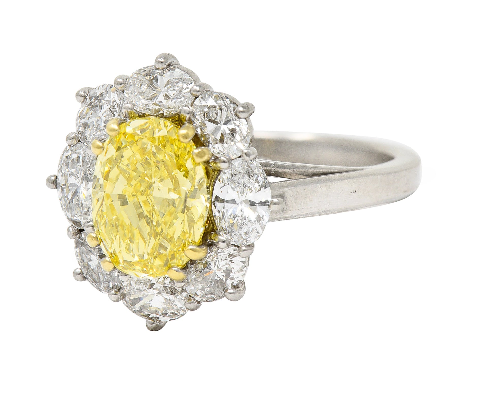 Vintage 3.27 CTW Oval Cut Fancy Intense Yellow Diamond Platinum 18 Karat Yellow Gold Cluster Ring GIA Wilson's Estate Jewelry