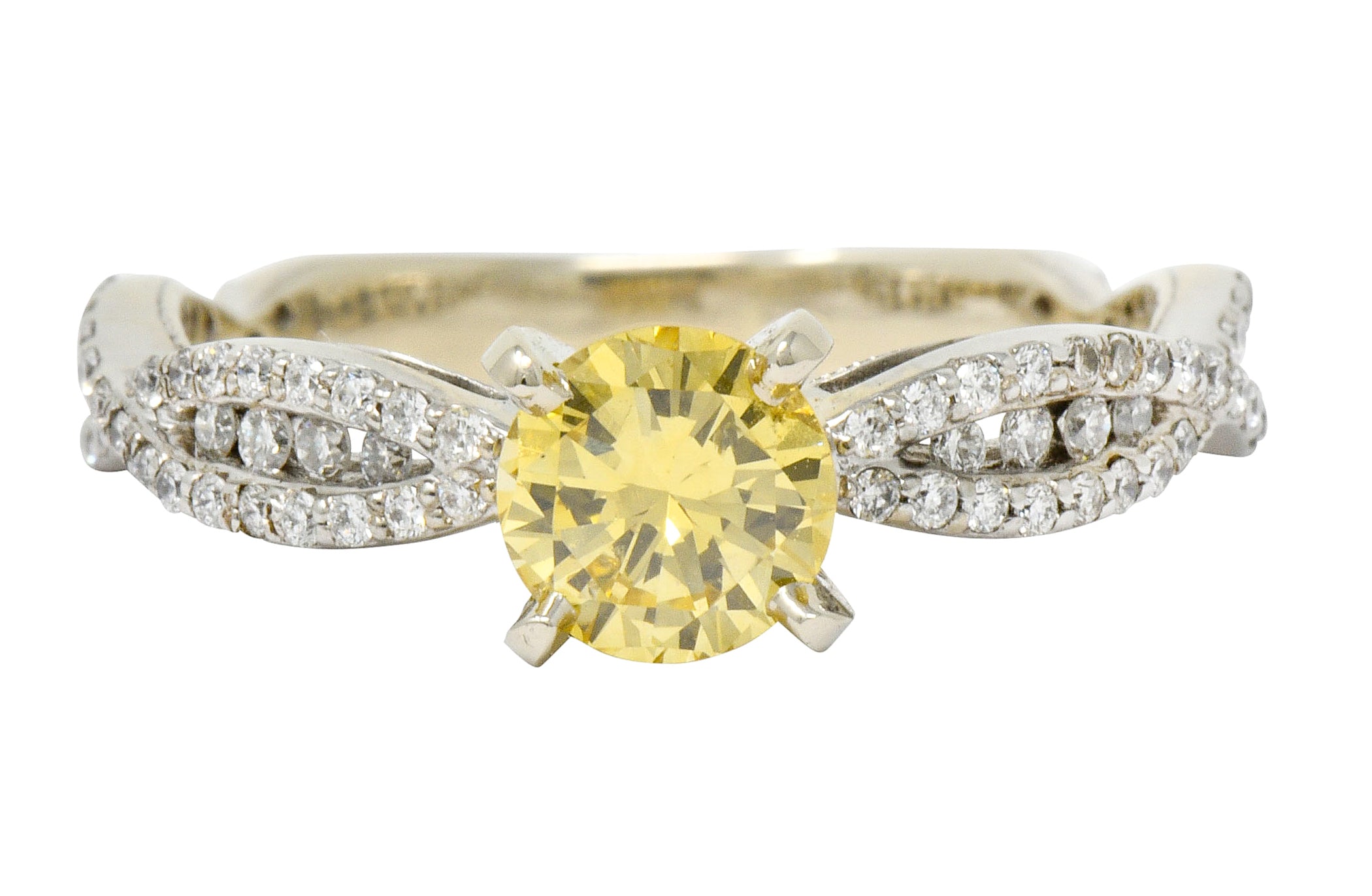 Contemporary 1.95 CTW Fancy Yellow Diamond 14 Karat White Gold Trellis Engagement Ring GIA - Wilson's Estate Jewelry