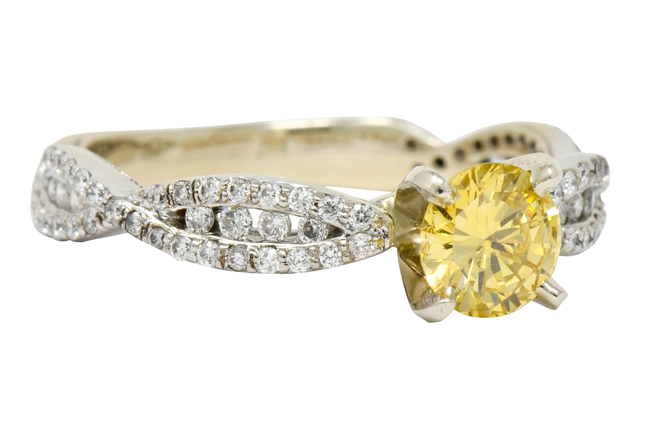 Contemporary 1.95 CTW Fancy Yellow Diamond 14 Karat White Gold Trellis Engagement Ring GIA - Wilson's Estate Jewelry