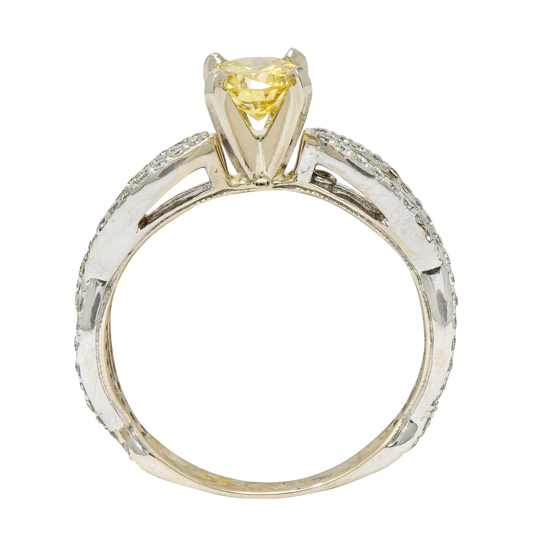 Contemporary 1.95 CTW Fancy Yellow Diamond 14 Karat White Gold Trellis Engagement Ring GIA - Wilson's Estate Jewelry