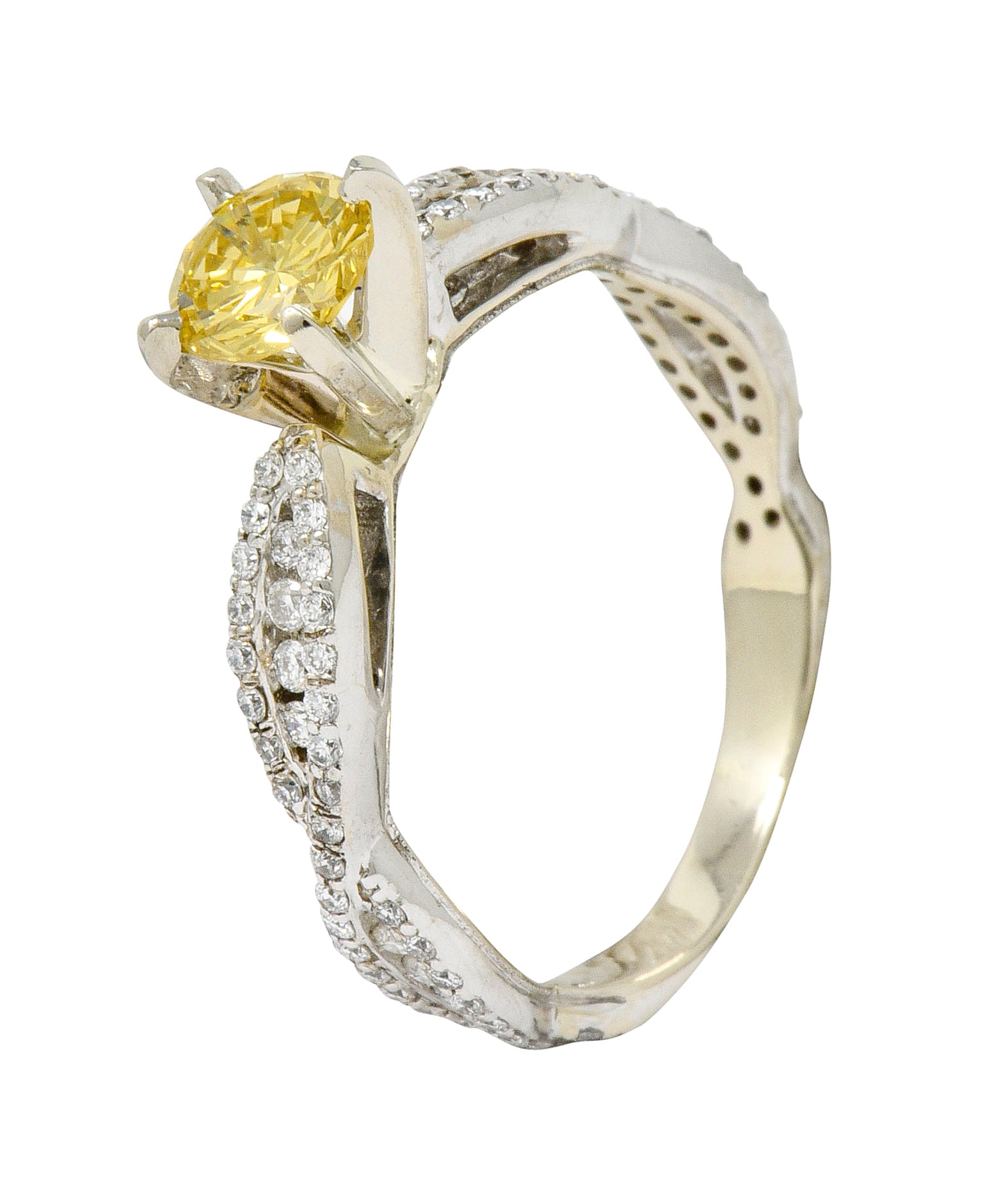 Contemporary 1.95 CTW Fancy Yellow Diamond 14 Karat White Gold Trellis Engagement Ring GIA - Wilson's Estate Jewelry