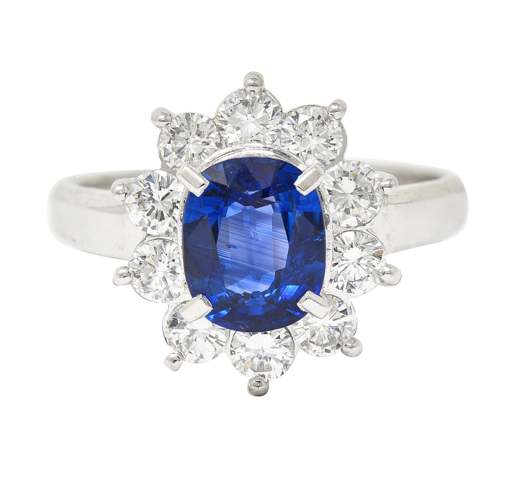 Contemporary 2.13 CTW Cushion Cut Sapphire Diamond Platinum Halo Ring Wilson's Estate Jewelry