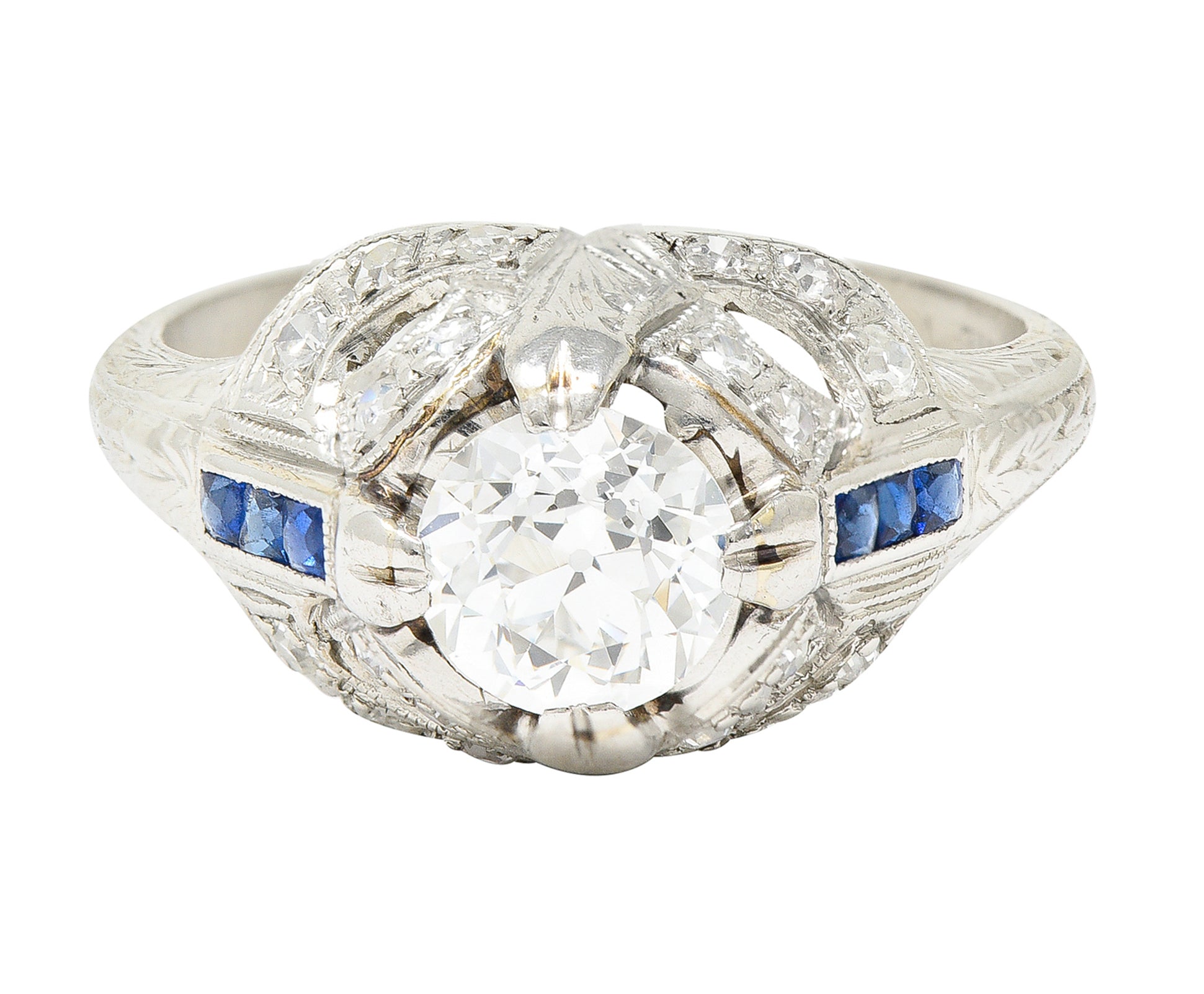 Art Deco 1.19 CTW Old European Cut Diamond Sapphire Platinum Ribbon Antique Engagement Ring Wilson's Estate Jewelry