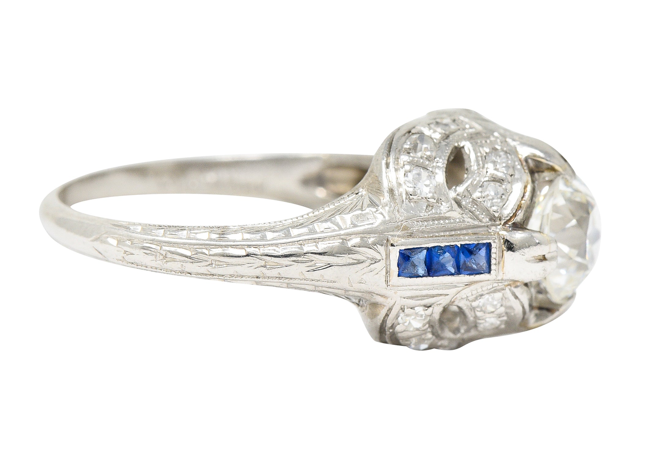 Art Deco 1.19 CTW Old European Cut Diamond Sapphire Platinum Ribbon Antique Engagement Ring Wilson's Estate Jewelry