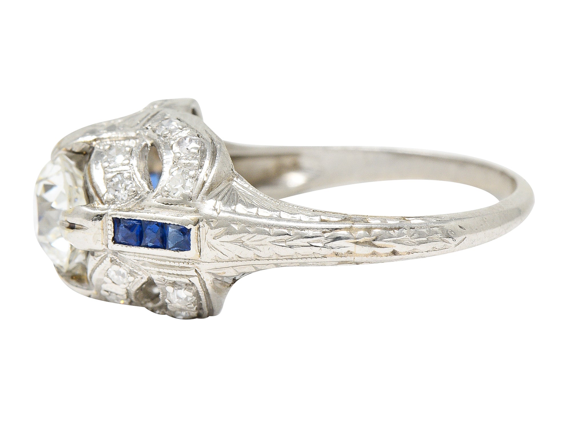 Art Deco 1.19 CTW Old European Cut Diamond Sapphire Platinum Ribbon Antique Engagement Ring Wilson's Estate Jewelry