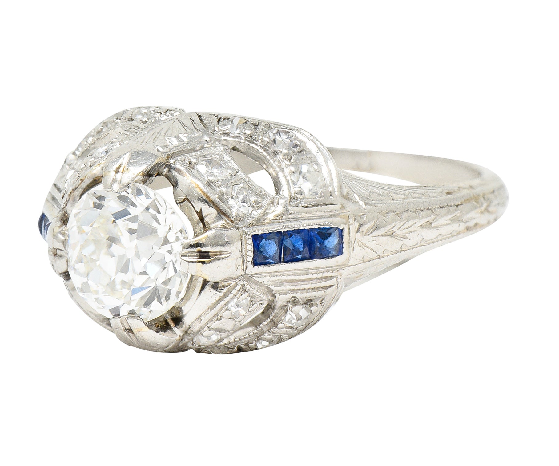 Art Deco 1.19 CTW Old European Cut Diamond Sapphire Platinum Ribbon Antique Engagement Ring Wilson's Estate Jewelry