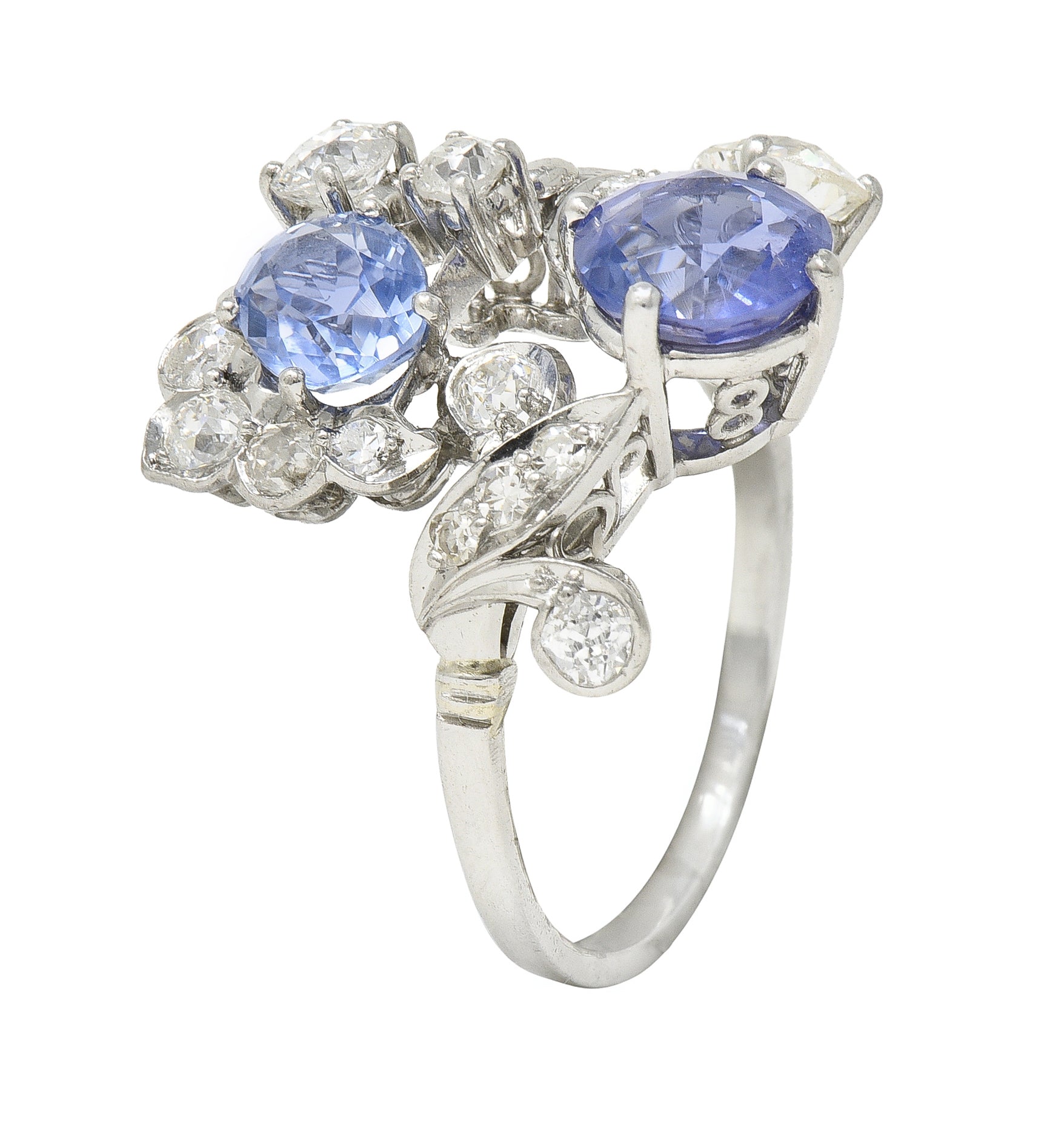 Mid-Century 4.82 CTW Sapphire Diamond Platinum Floral Spray Vintage Bypass Ring