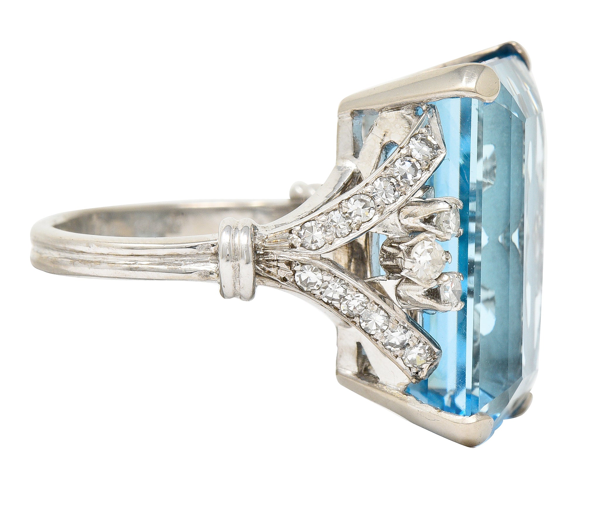 Mid-Century 21.00 CTW Emerald Cut Aquamarine Diamond 18 Karat White Gold Arching Vintage Cocktail Ring Wilson's Estate Jewelry